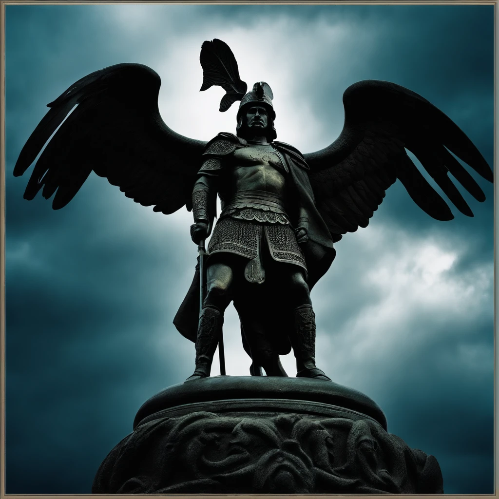 an statue of an warrior, conquered his mind, silhoutte, war scene, dark and gloomy