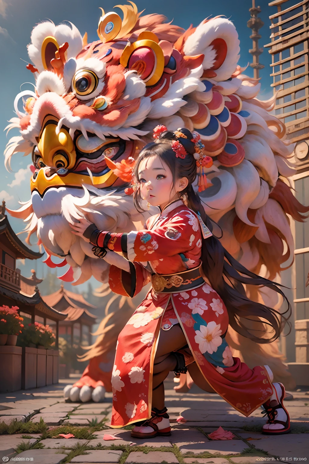 China-style，Lion dance girl，highly detailed surreal vfx，Smudge，Faraway view，super-fine，ultra - detailed，high qulity，8K ，oc rendered，dynamic viewing angle