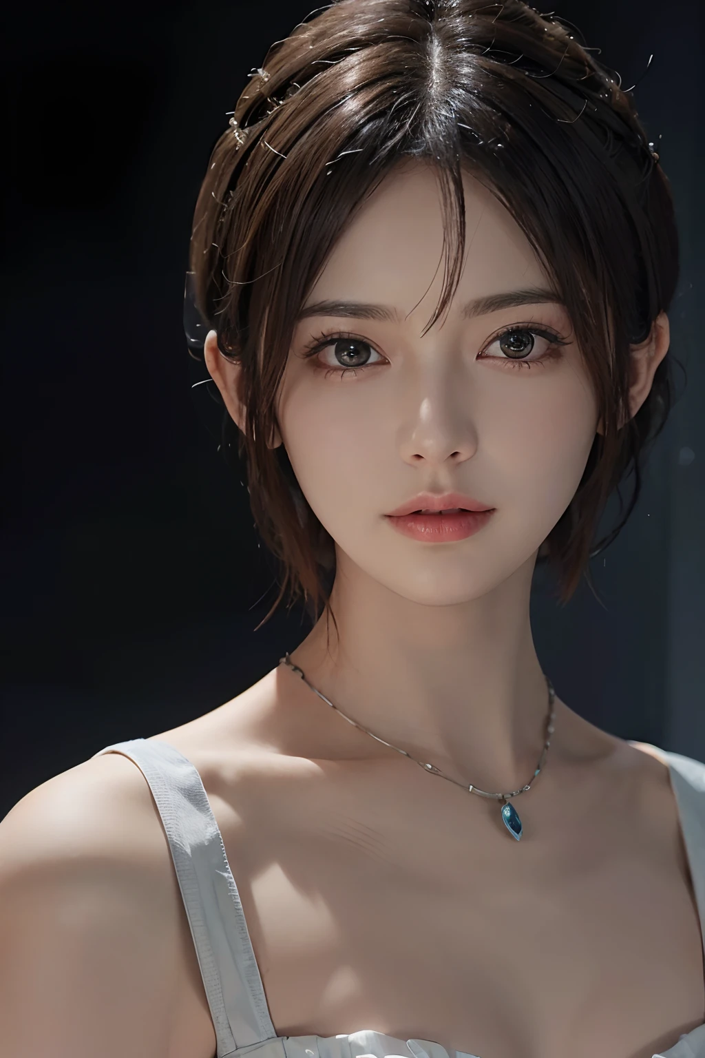 (masuter piece:1.3)、(8K、Photorealsitic、Raw photography、top-quality: 1.4)、(1girl in)、beautiful countenance、(Lifelike face)、(silber hair、short-hair:1.3)、Beautiful hairstyle、realisticeyes、Beautiful details、(real looking skin)、Beautiful skins、(The shirt)、absurderes、enticing、超A high resolution、A hyper-realistic、high-detail、the golden ratio、、bilaterally symmetrical