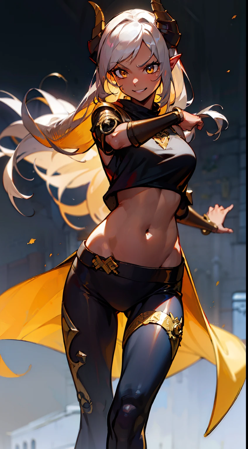 girl,(((dark skin))), hidden arms,long hair, white hair,curly hair,yellow eyes,(villain,psycho,villain smile, psychopath, angry), medium boobs,show belly,gold armor outfit, black small shirt, detailed clothes, masterpiece, hyper realistic, high definition,black horns,black pantyhose,elve ear,yellow scarf,(standing inside of a castle)