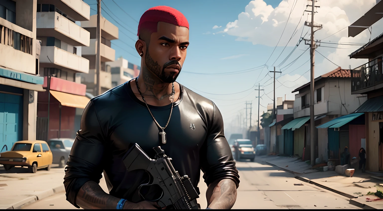 A lonely man ,tatooado,de fundo uma favela estilo Brasil, Como o protagonista de GTA 5, GTA V Estilo, corte de cabelo red,cabelo red,Kanye West em GTA v, Estilo GTA5, empunhando fuzil de assalto,rifle in hand ,fuzil AK-47 ,gta 5 tom de pele ?????