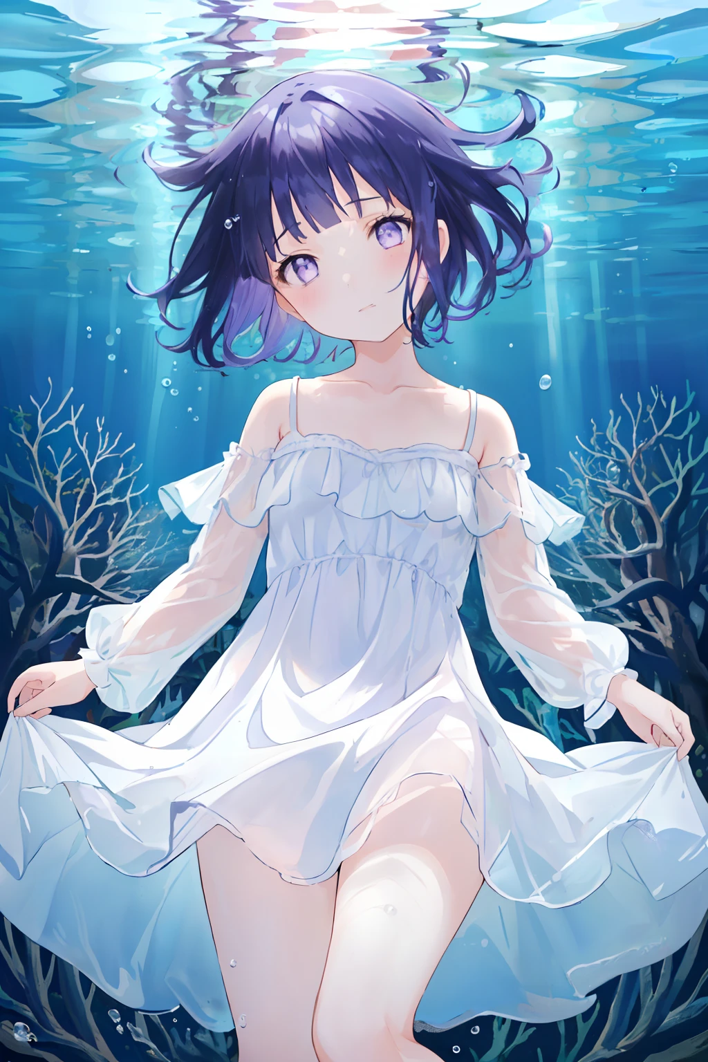 1girl, (sleepeace:0.9), head tilt, (underwater,underwater theme,underwater forest, reflection:1.2), upper_body, medium_cut_hair,Blunt Bangs, purple eyes, dark blue hair,white dress,lace