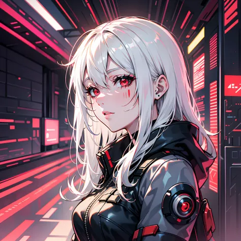 bright and colorful colors，white-haired girl，heightened sexuality，cyberpunk character，red-eyes ， fine lines