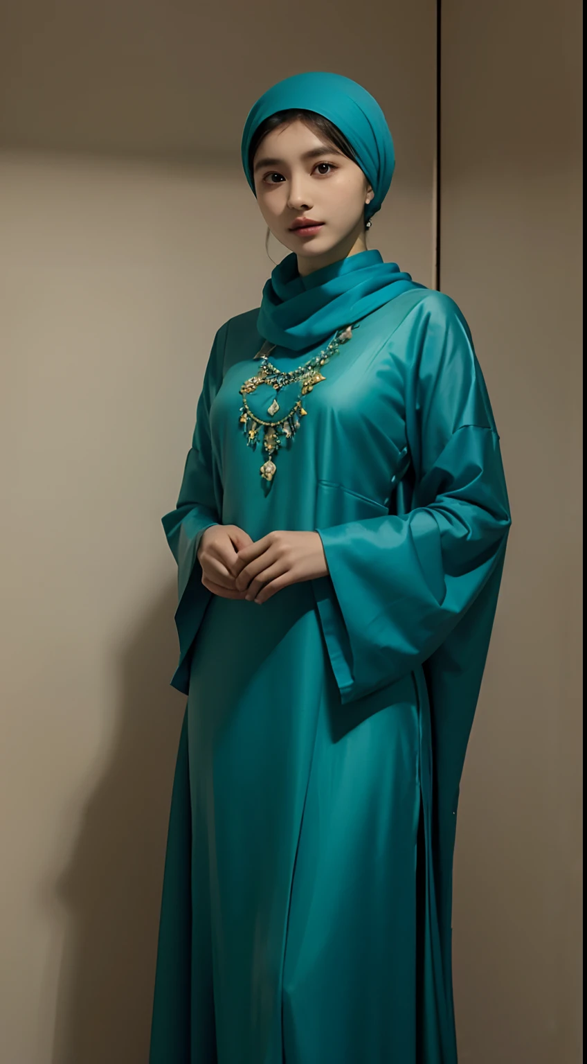 arafed woman in a blue and green dress and a green scarf, wearing traditional garb, traditional dress, student, traditional clothes, wearing authentic attire, faridah malik, inspired by Nazmi Ziya Guran, dang my linh, inspired by Naza, traditional costume, potrait, hijab, traditional clothing, malaysian, traditional beauty, ao dai