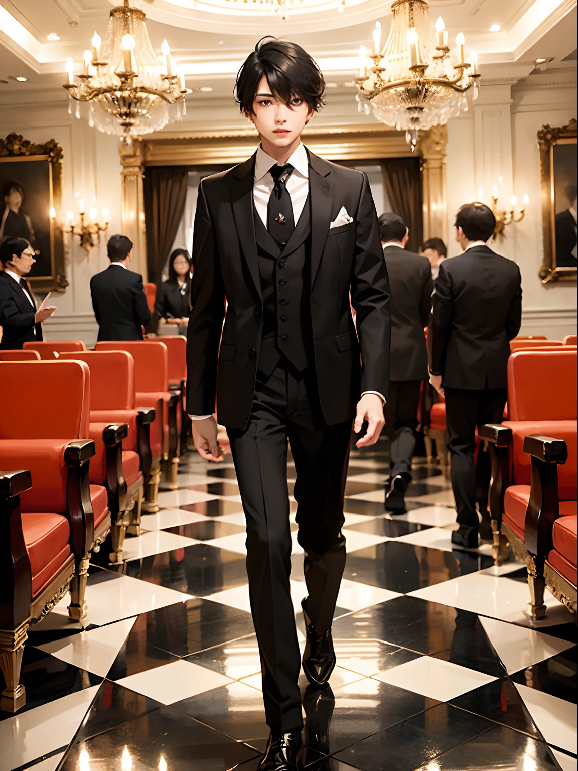 1boy,11 only、(Man's :2),(bobhair:1.5)、A dark-haired、Bright tuxedo、Bright tie、Inside a luxurious Western-style building、Luxurious chandeliers、beautiful lighting、hightquality、masutepiece,8K,hight resolution、