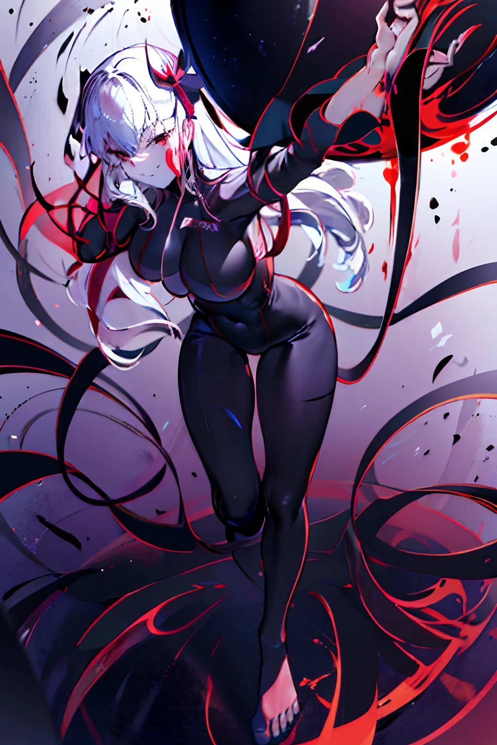 Black full body suit　Red lines all over the body　huge tit　Big ass　Whip thighs　seductiv　a smile　succubus