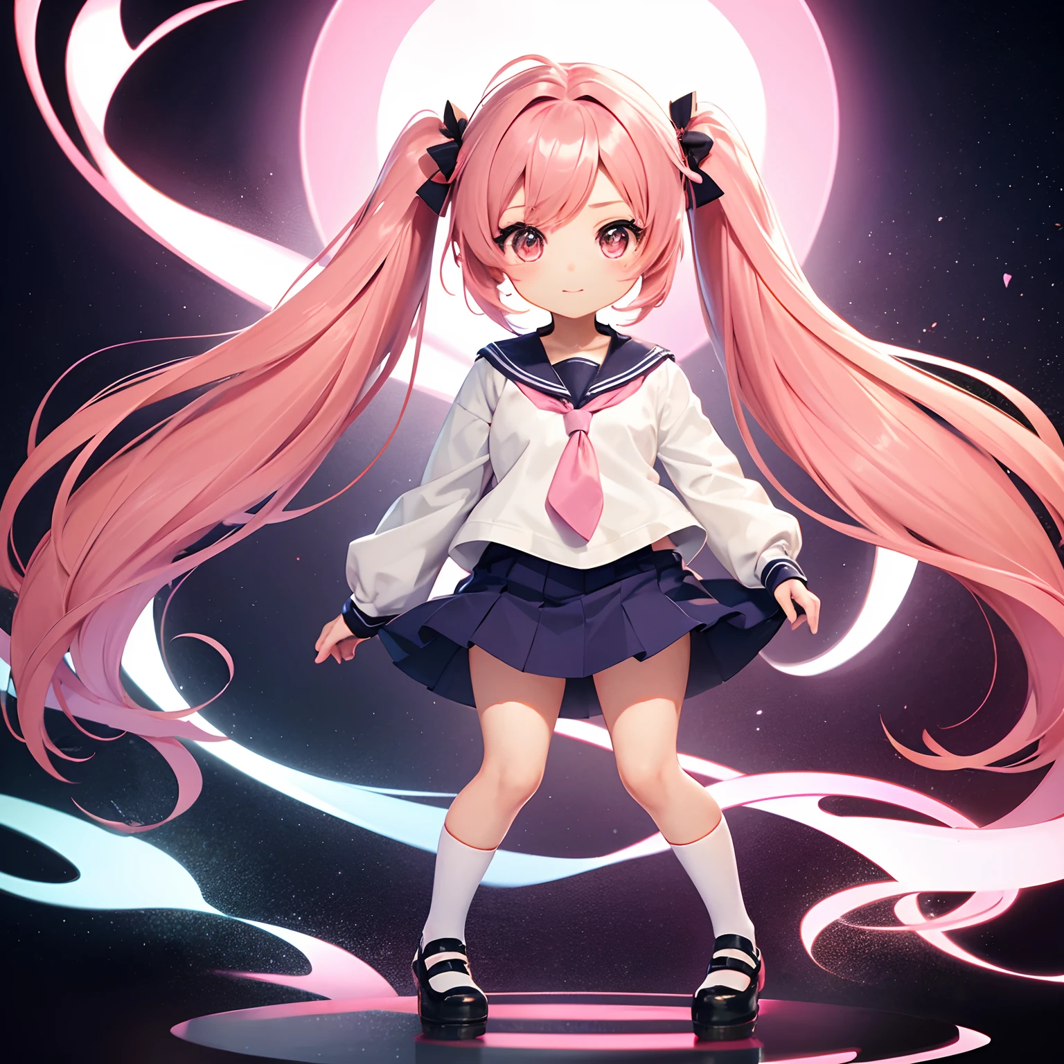 Very cute and (Beautiful Chibi Anime Girl), Solo, Simple background, Beautiful twin tails*Pink* hair,  Beautiful detailed *Pink* High School Uniform, Full body, Standing, high detailed face and *Pink* Eyes, Clearly outlined