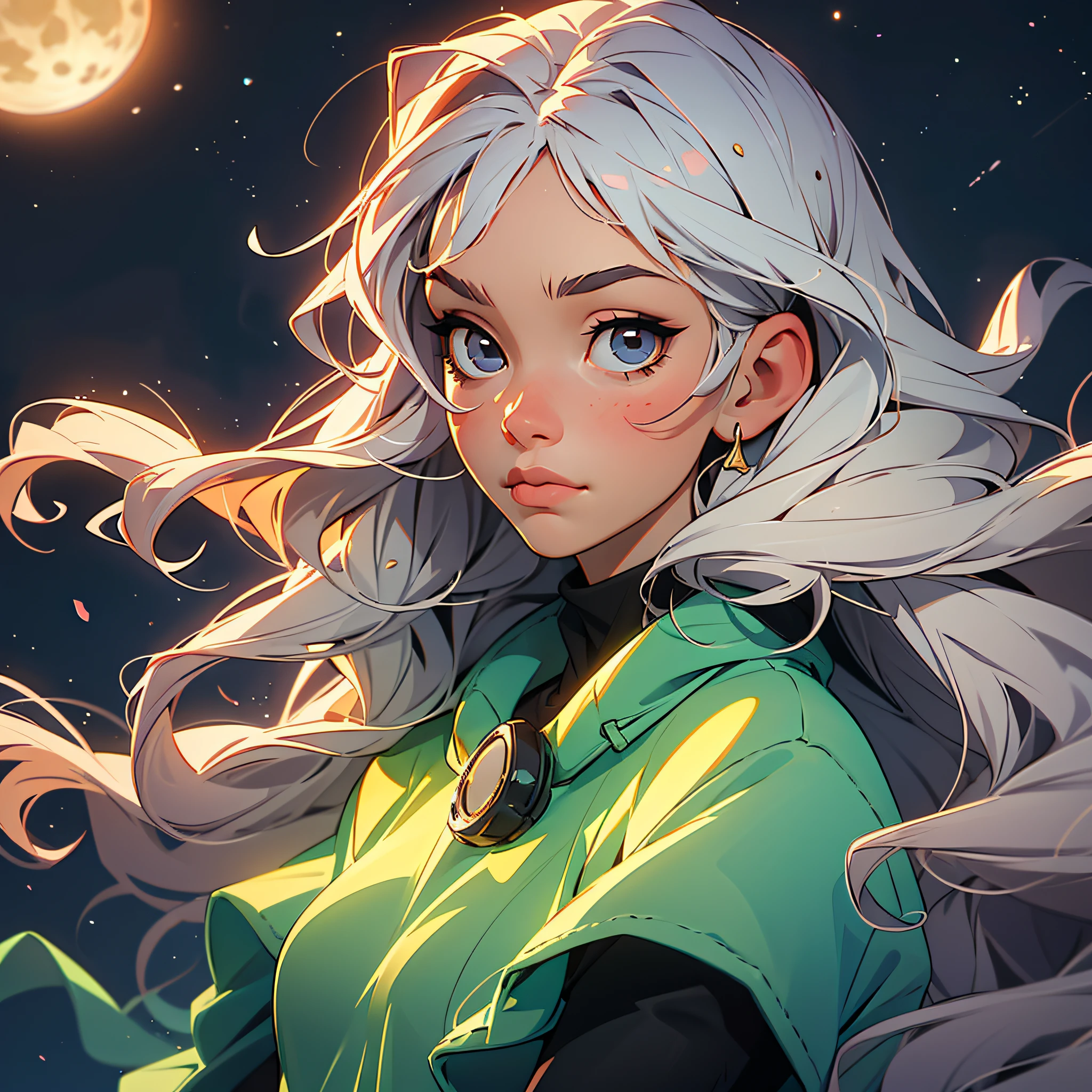 "(masterpiece, best quality), a wavy-haired girl, looking directly at the beholder, in a somber style with her upper body out of focus in a moonlight scene on a starry night."