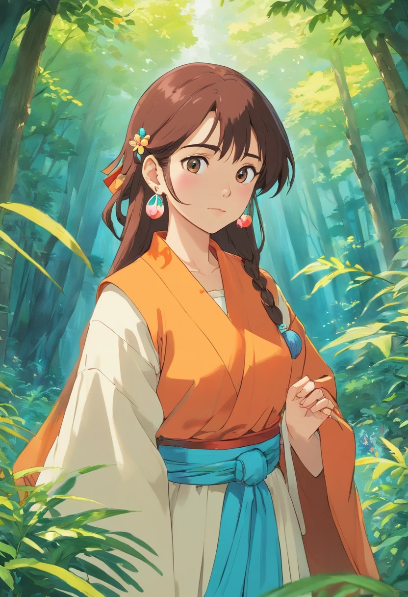 A girl wearing an anime necklace, a long necklace and earrings, dans le style des paysages de jardin tranquilles, Colorful animation photos, Masami Teraoka, aigue-marine, Paul Gauguin, Style Embry, Honest representation