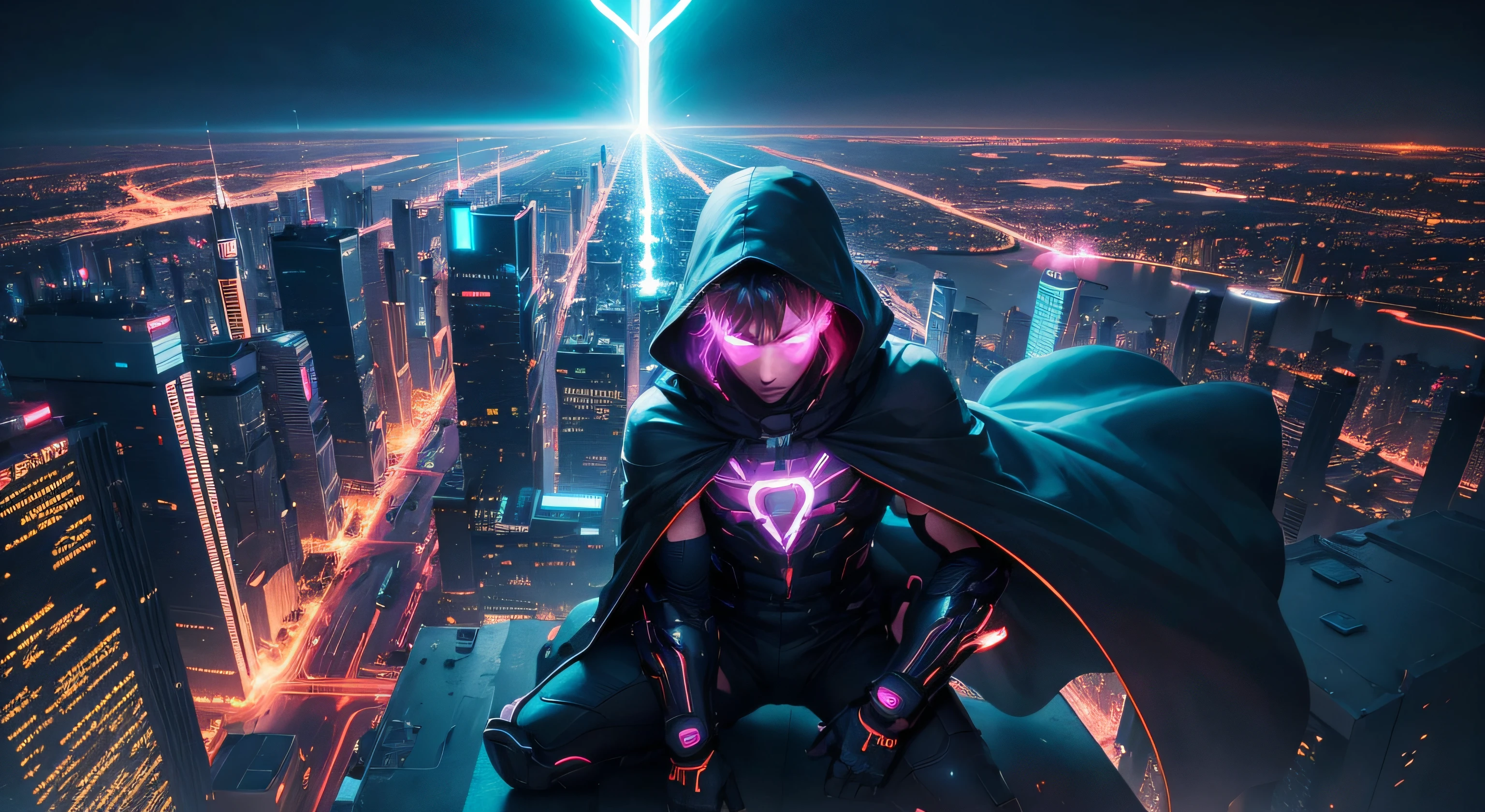 A boy with electric superpowers crouching on the edge of a building overlooking a neon city with a night time backdrop, (best quality, 4k, high res, masterpiece:1.2), ultra-detailed, (realistic, photorealistic:1.37), anime style, vibrant colors, dramatic lighting, crackling electricity, dynamic pose, glowing eyes, futuristic technology, flowing cape, intense atmosphere, urban environment, skyscrapers, bustling streets, glowing neon signs, moonlit sky.