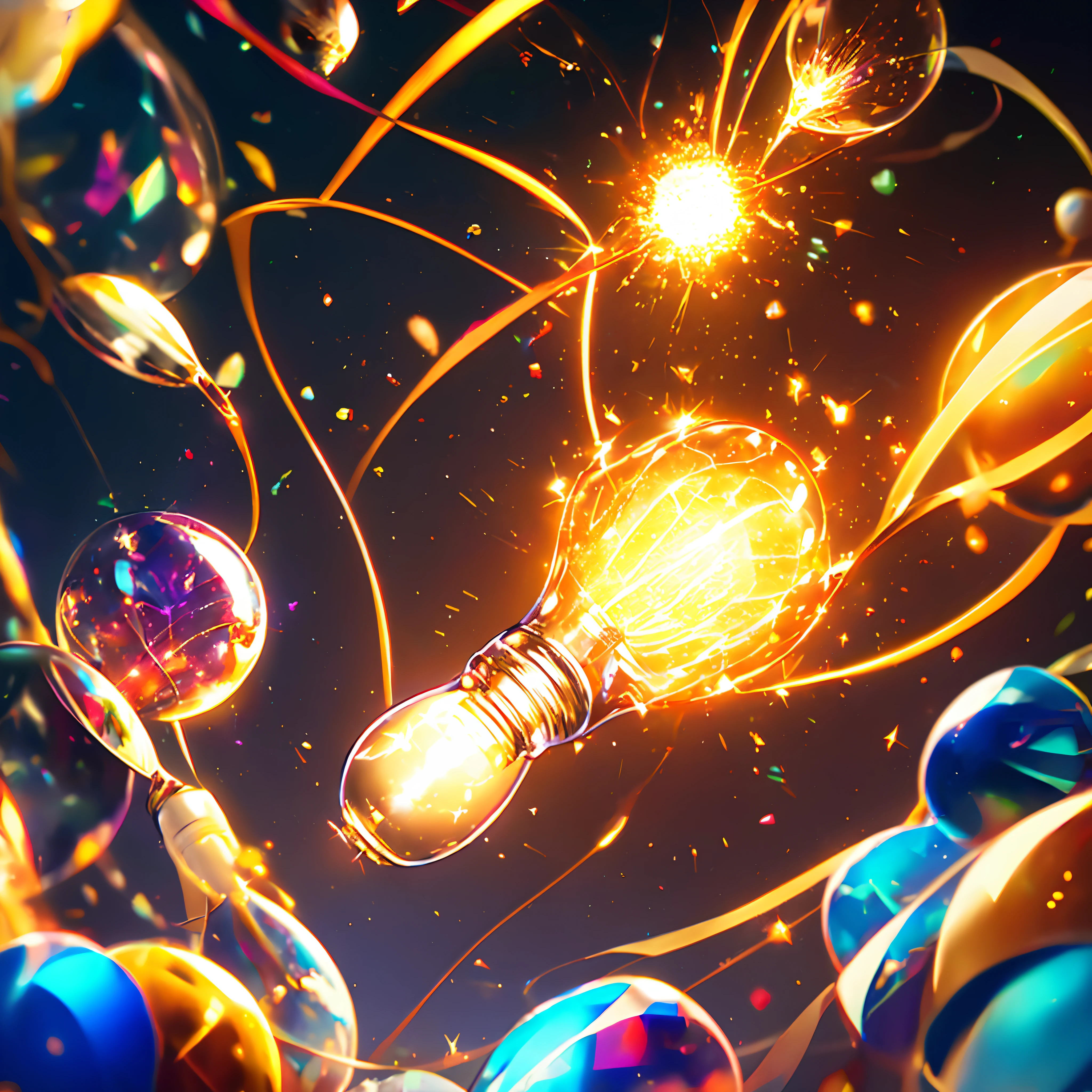 lightbulb, Explosion of dazzling light from a light bulb, Enlightenment, New ideas, vivd colour, an epic fantasy, Joy