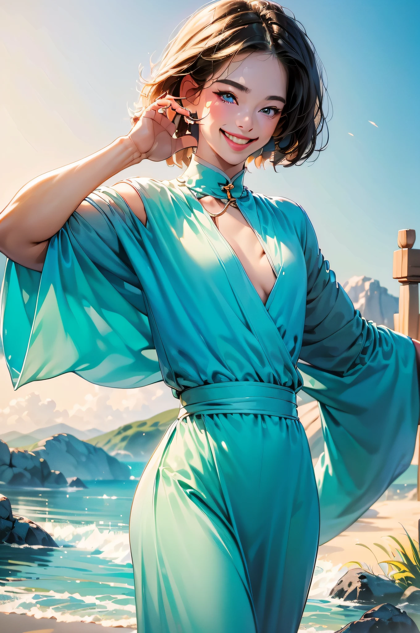 (in 8K、top-quality、​masterpiece:1.2)、1人の女性、(Smiling smile:1.1)、beautidful eyes、Valley、The upper part of the body、shorth hair、Like a boy、bob cuts、Colossal tits、White View、