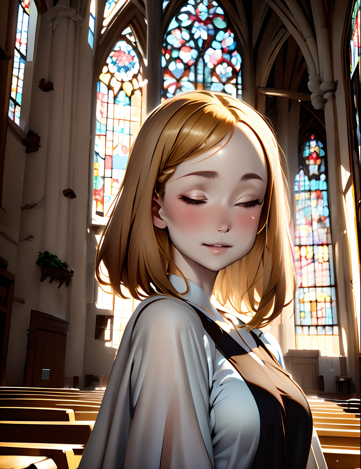 Perfect Anatomy,super detailed skin,Beautiful detailed eyes,detaileds,Best Quality,masutepiece,8K,1girl in,Solo,10yaers old,Short stature,french braids,Pale flaxen shorthair,fluffy wavy hair,(Forehead very attractive、超A high resolution、A hyper-realistic、high-detail、the golden ratio、the golden ratio、the golden ratio、Beauty、Beauty、Beauty,Gospel Gown,(Close your eyes and sing a song),Hymns to the Fallen,choir,Face seen from the side,From below,In a church,cathedral,wide_viewer