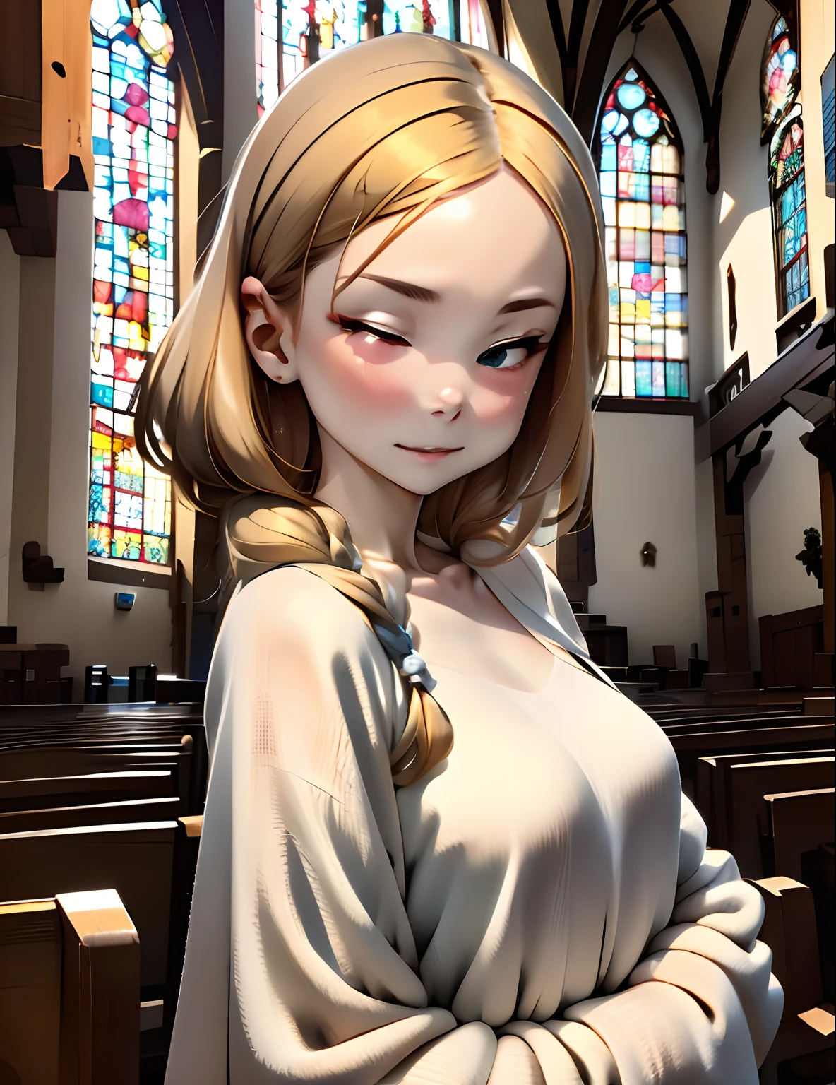 Perfect Anatomy,super detailed skin,Beautiful detailed eyes,detaileds,Best Quality,masutepiece,8K,1girl in,Solo,10yaers old,Short stature,french braids,Pale flaxen shorthair,fluffy wavy hair,(Forehead very attractive、超A high resolution、A hyper-realistic、high-detail、the golden ratio、the golden ratio、the golden ratio、Beauty、Beauty、Beauty,Gospel Gown,(Close your eyes and sing a song),Hymns to the Fallen,choir,Face seen from the side,From below,In a church,cathedral,wide_viewer