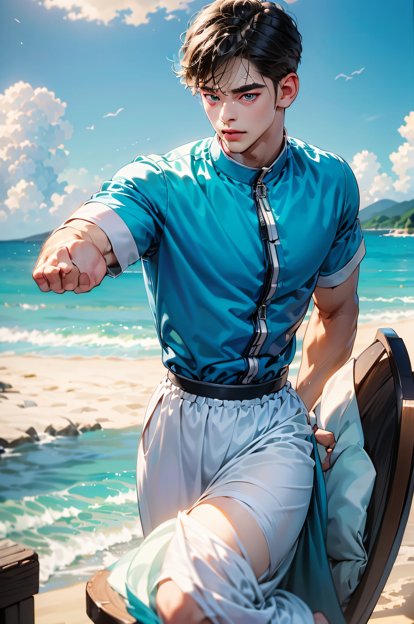 (in 8K、top-quality、masterpiece:1.2)、1 boy、short-haired、Hair short、Brown-skinned、White View、