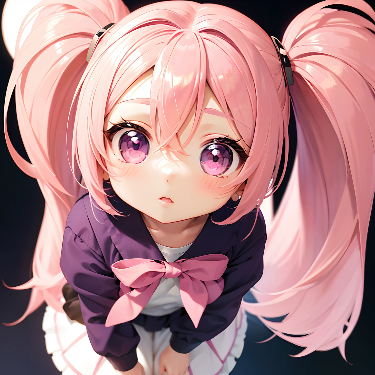 Very cute and (Beautiful Chibi Anime Girl), Solo, Simple background, Beautiful twin tails*Pink* hair,  Beautiful detailed *Pink* High School Uniform, Full body, Standing, high detailed face and *Pink* Eyes, Clearly outlined