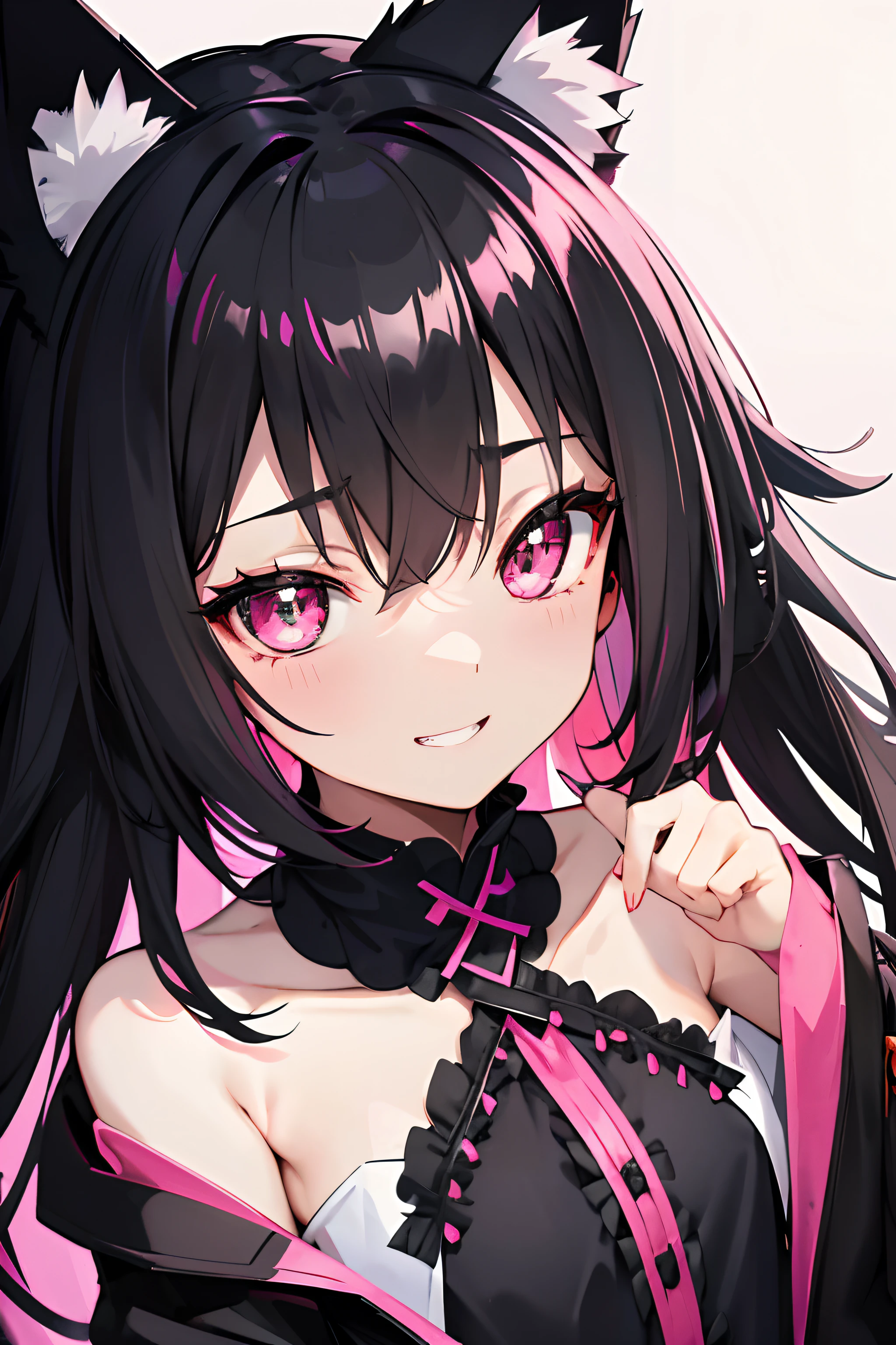 Black color hair,Pink pupils,Shawl hair,Hair and waist length,Black-pink ta,(((无袖))),Pure black cat ears,Pure black ears,Toothy smile,pink back ground,small black cat,Focus on the face,detail in face,Be red in the face