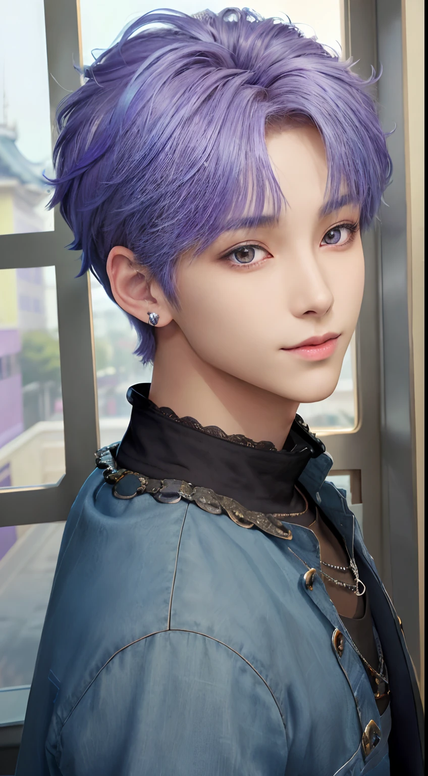 masterpiece, top-quality, 2Others, Male couple, 1 man and 1,, Adults, Height difference, different fashion, different color, finely eye and detailed face, intricate detailes, Casual clothing, window, A smile, Happiness, tenderness, queers, Boys Love, high-level image quality、 selfee, Two beautiful men、tall、The upper part of the body、nightfall、nighttime scene、𝓡𝓸𝓶𝓪𝓷𝓽𝓲𝓬、Korean Male, Idol Photos, k pop, Professional Photos, Vampires, Korean fashion in black and white, Fedoman with necklace, inspired by Sim Sa-jeong, androgynous vampire, :9 detailed face: 8, extra detailed face, detailed punk hair, ((eyes are brown)) baggy eyes, Seductive. Highly detailed, semi realistic anime, Vampires, hyperrealistic teen, delicate androgynous prince, imvu, short hair above the ears, Man with short hair, With a purple-haired man with a wild expression, Man with light blue hair with gentle expression, ((With a short-haired man with bright purple hair)), ((Man with light blue hair))