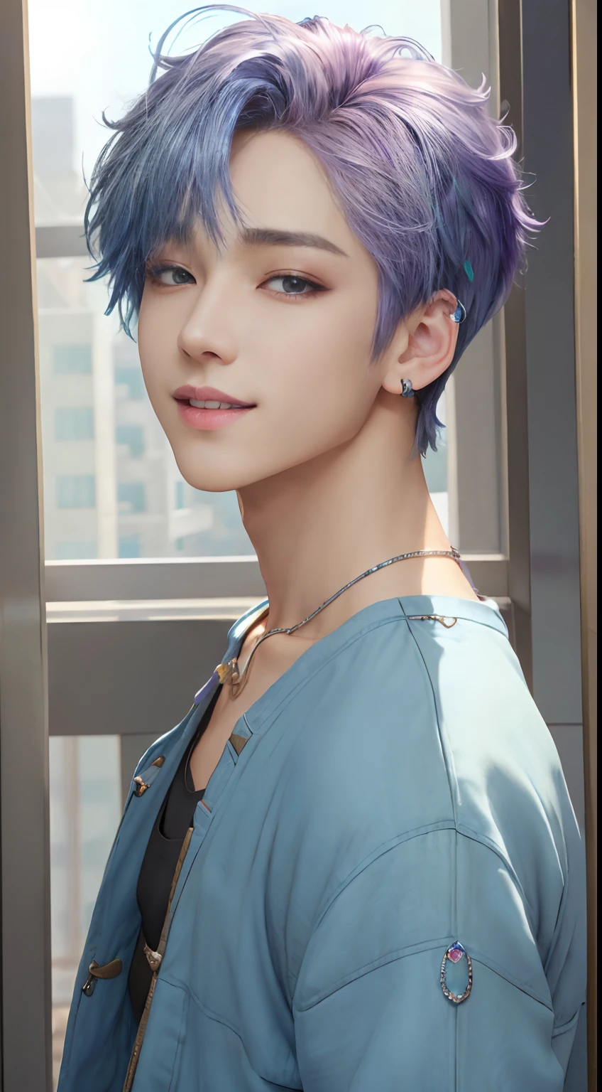 masterpiece, top-quality, 2Others, Male couple, 1 man and 1,, Adults, Height difference, different fashion, different color, finely eye and detailed face, intricate detailes, Casual clothing, window, A smile, Happiness, tenderness, queers, Boys Love, high-level image quality、 selfee, Two beautiful men、tall、The upper part of the body、nightfall、nighttime scene、𝓡𝓸𝓶𝓪𝓷𝓽𝓲𝓬、Korean Male, Idol Photos, k pop, Professional Photos, Vampires, Korean fashion in black and white, Fedoman with necklace, inspired by Sim Sa-jeong, androgynous vampire, :9 detailed face: 8, extra detailed face, detailed punk hair, ((eyes are brown)) baggy eyes, Seductive. Highly detailed, semi realistic anime, Vampires, hyperrealistic teen, delicate androgynous prince, imvu, short hair above the ears, Man with short hair, With a purple-haired man with a wild expression, Man with light blue hair with gentle expression, ((With a short-haired man with bright purple hair)), ((Man with light blue hair))