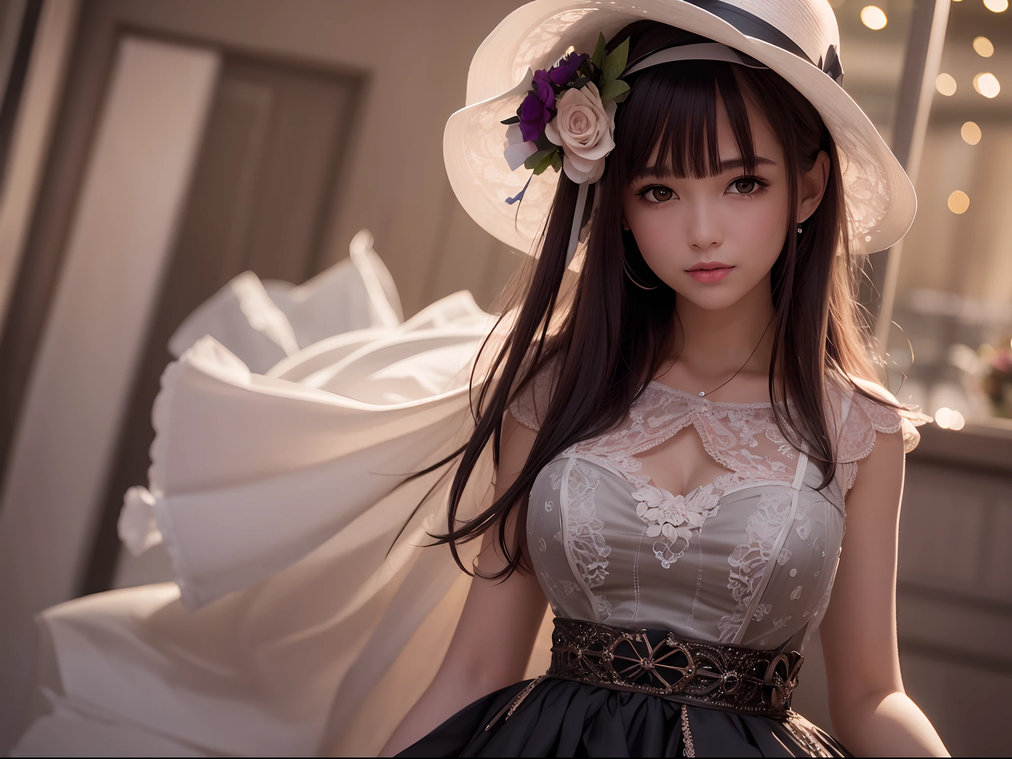 Medium view, Medium shot, Depth of field, Bust, Upper body, Movie Angle, Masterpiece, Best quality, Super detailed, CG, 8K wallpaper, Beautiful face, Delicate eyes, A maiden, Solo, Smile, bangs, Skirt, shirt, Hat, dress, bow, petals, Bouquet