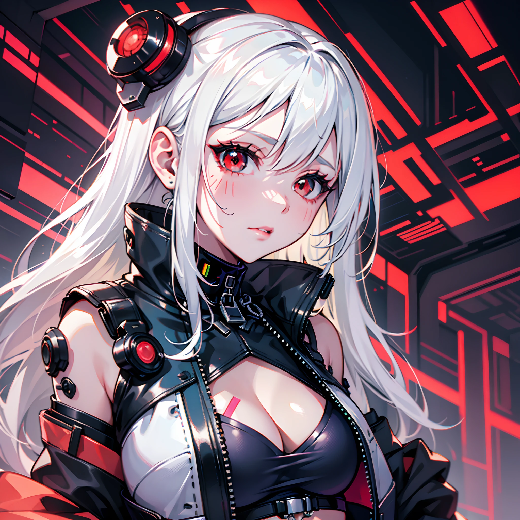 Bright and colorful colors,white-haired girl,Heightened sexuality,cyberpunk character,red-eyes , Fine lines