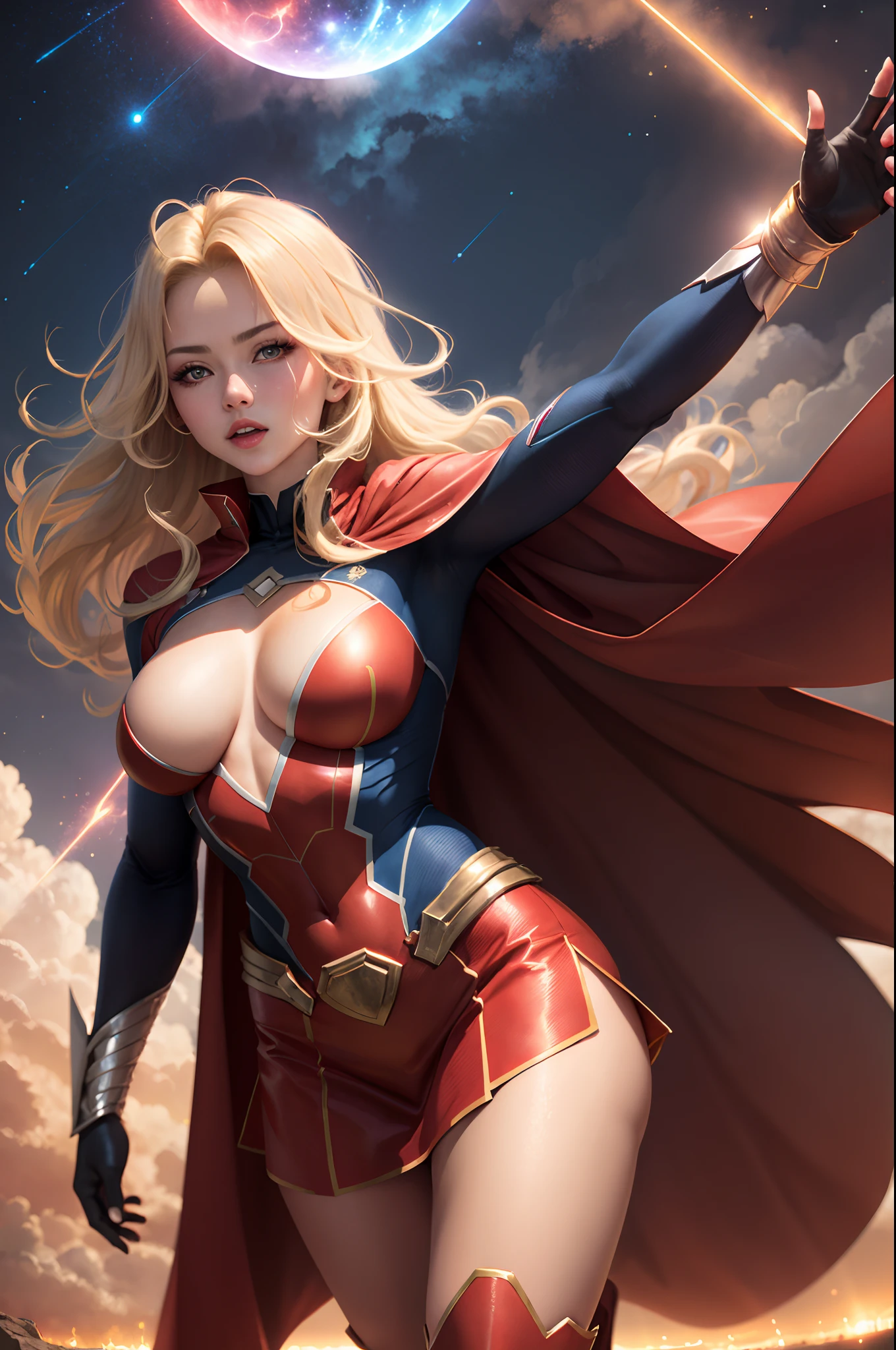 nijistyle, Cowboy shot of beautiful woman in Superman costume, Long Blonde Hair, Heroic, Glowing red eyes, laser eyes, Cape, Particle, nigh sky, stele, skyporn, Red skirt, Red boots, Sexy Pose, large udder, Stretch one hand above your head, flitting around in the sky,