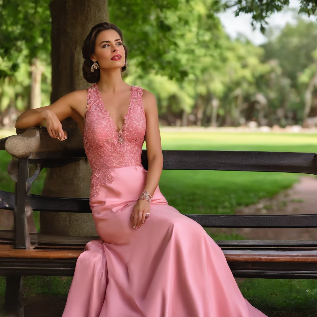 Lady wearing pink long frock she sitting near bench