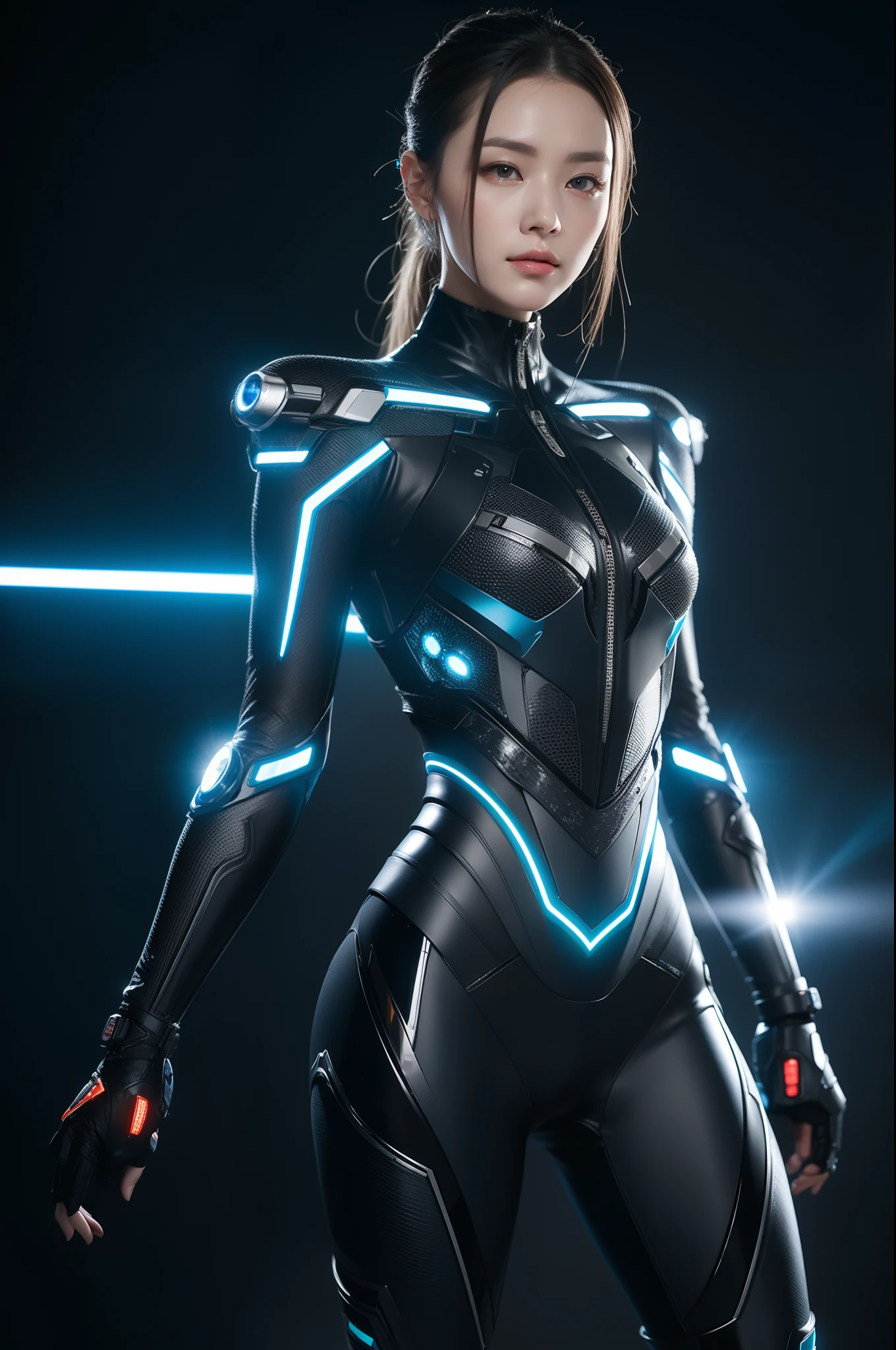 A young, beautiful and sophisticated woman, Holographic Color＿Erotic and tight-fitting heroine action suit、巨大Mechaのパイロット、背景はMechaの工場、Very sophisticated、Realistic、8K、Cinema Lighting、Intricate details、Dramatic composition、Dynamic pose、Vibrant colors、sf、Mecha、Concept Art,