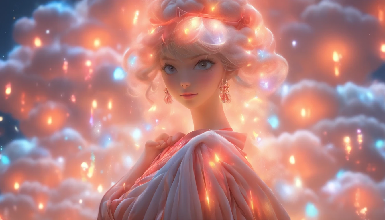 （absurderes，A high resolution，ultra - detailed）， offcial art, Unity 8k壁纸, Ultra-detailed, aestheticly pleasing, tmasterpiece, best qualityer,long  skirt，slender girl，Wear a tulle dress，It's set with sparkling diamonds，With a hood，Hood head，The material of the clothes is very light，Gaia style，The clothes are wrapped in an auspicious cloud pattern（Full body like），Vivid expressions