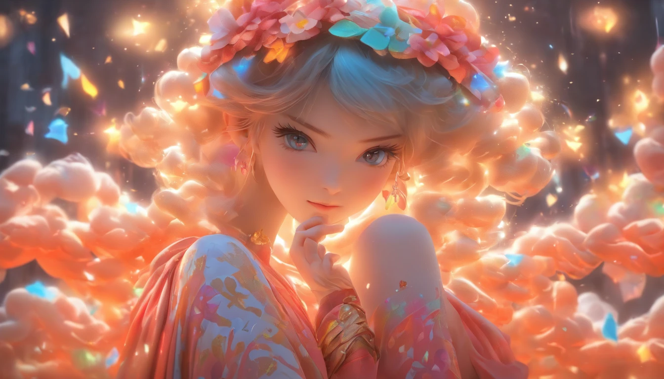 (absurderes,A high resolution,ultra - detailed), offcial art, Unity 8k壁纸, Ultra-detailed, aestheticly pleasing, tmasterpiece, best qualityer,long skirt,slender girl,Wear a tulle dress,It's set with sparkling diamonds,With a hood,Hood head,The material of the clothes is very light,Gaia style,The clothes are wrapped in an auspicious cloud pattern(Full body like),Vivid expressions