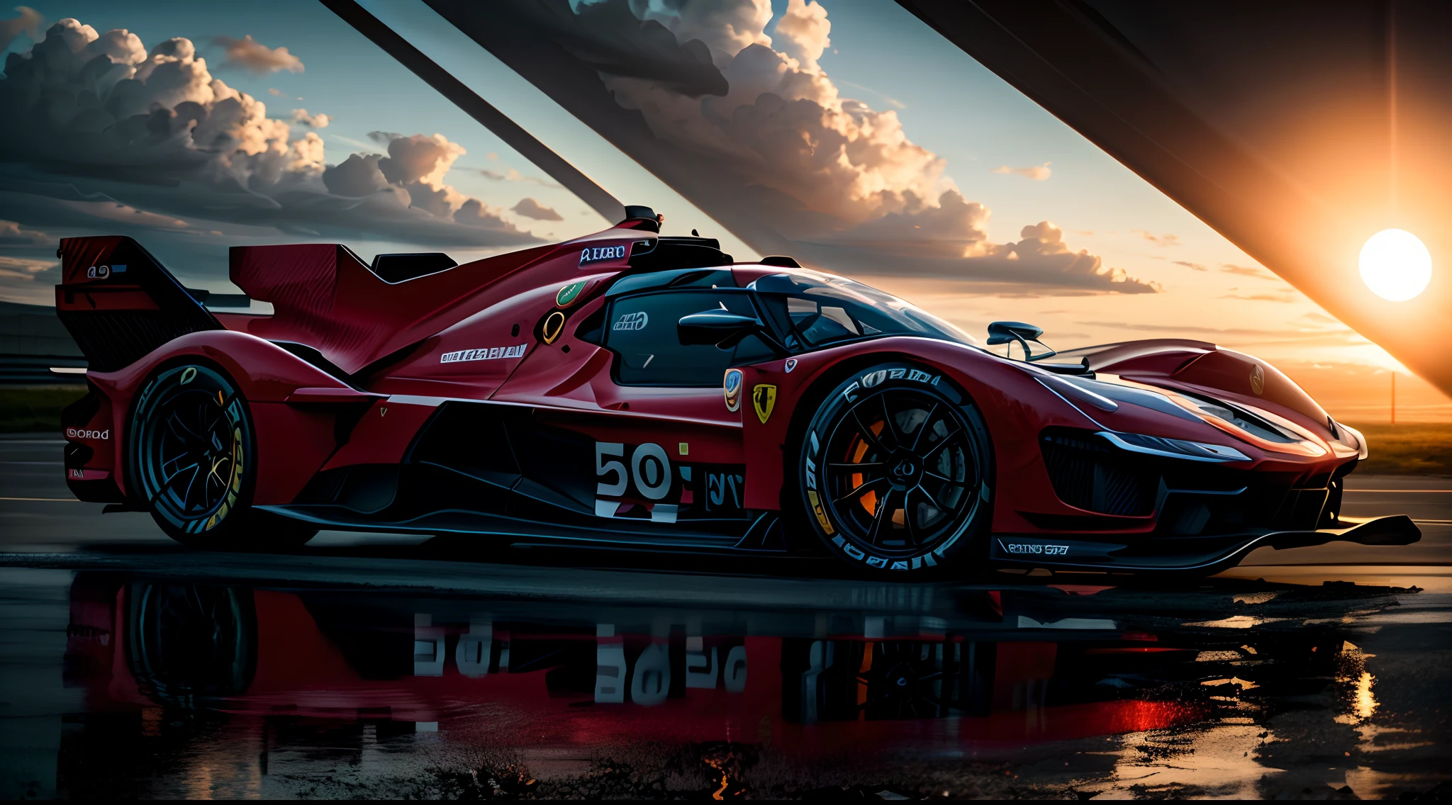 AutoStudio, (masterpiece, best quality, ultra-detailed), low angle, no humans, photo of a parked, "Around Quority(red Ferrari 499P |)le lemans hypercar,vehicle,car WEC,endurance race car,race car,race car with livery Cars race on the village circuit during the day，A mouthful of blood and speed。",dark studio, rim lighting, two tone lighting, dimly lit, low key,