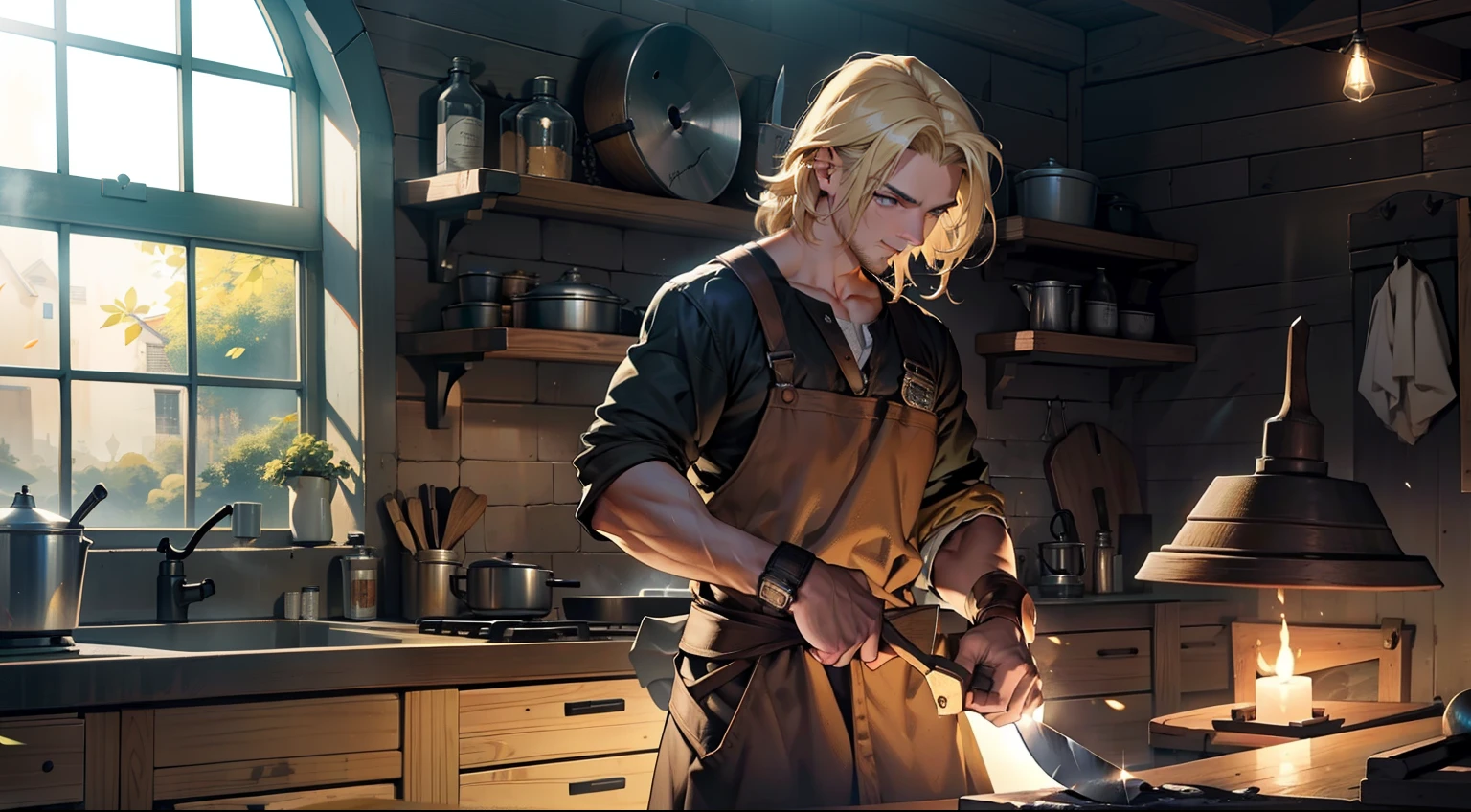((alta qualidade)), ((obra-prima)), 8k, raios de luz, papel de parede 8k de unidade CG extremamente detalhado, jogo cg, medium blonde hair, olhos verdes, olhando para o visualizador, luvas, botas, corpo inteiro, watch, A male blacksmith making a knife on an anvil,hittng hammer, (anvil:1.2), blacksmith, sparks, caustics, vibrant colors
