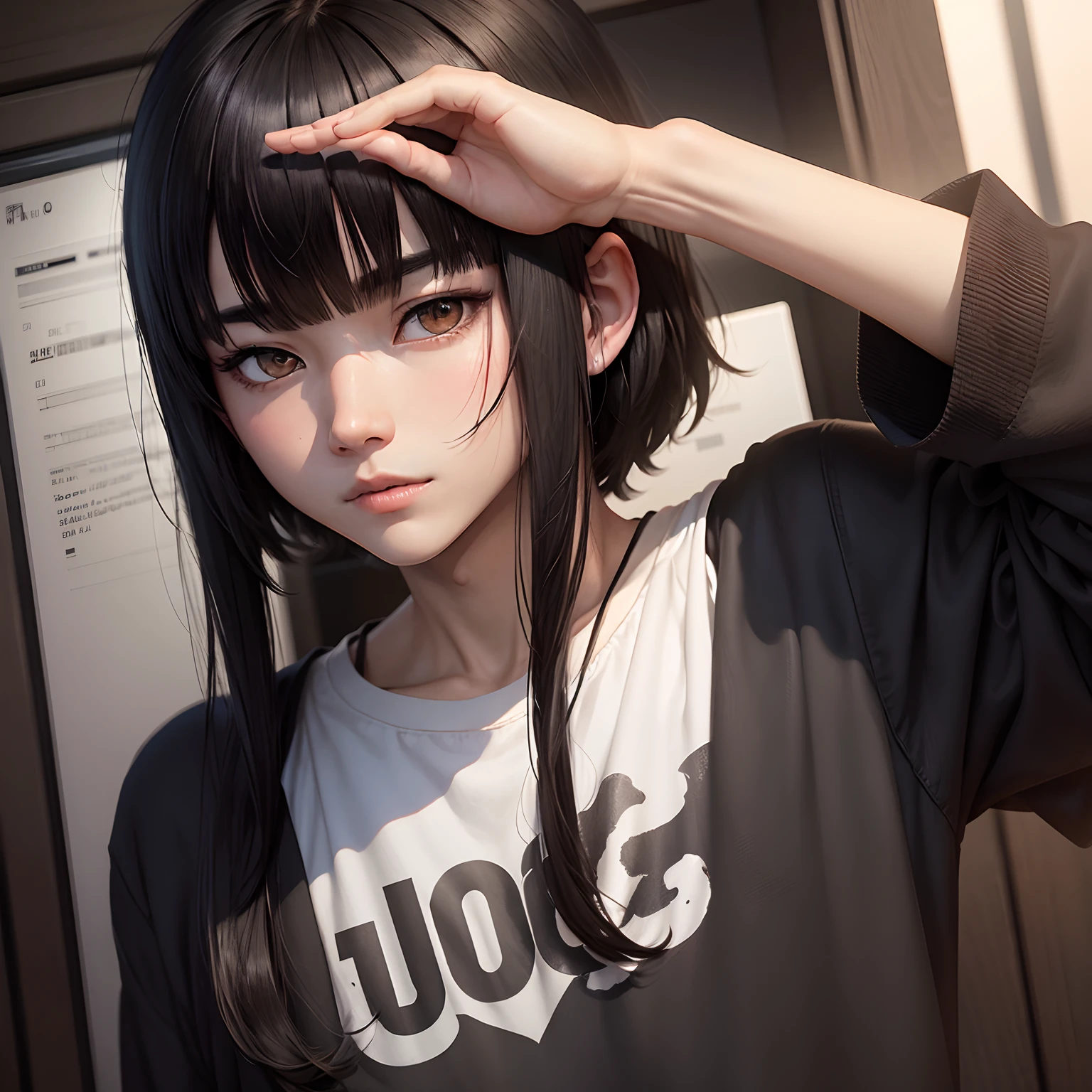 1 male、A dark-haired、Black eyes、Depression、Blunt bangs、Anime