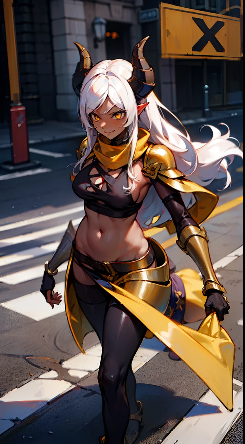 girl,(((dark skin))), hidden arms,long hair, white hair,curly hair,yellow eyes,(villain,psycho,villain smile, psychopath, angry), medium boobs,show belly,gold armor outfit, black small shirt, detailed clothes, masterpiece, hyper realistic, high definition,black horns,black pantyhose,elve ear,yellow scarf,(walking in road)