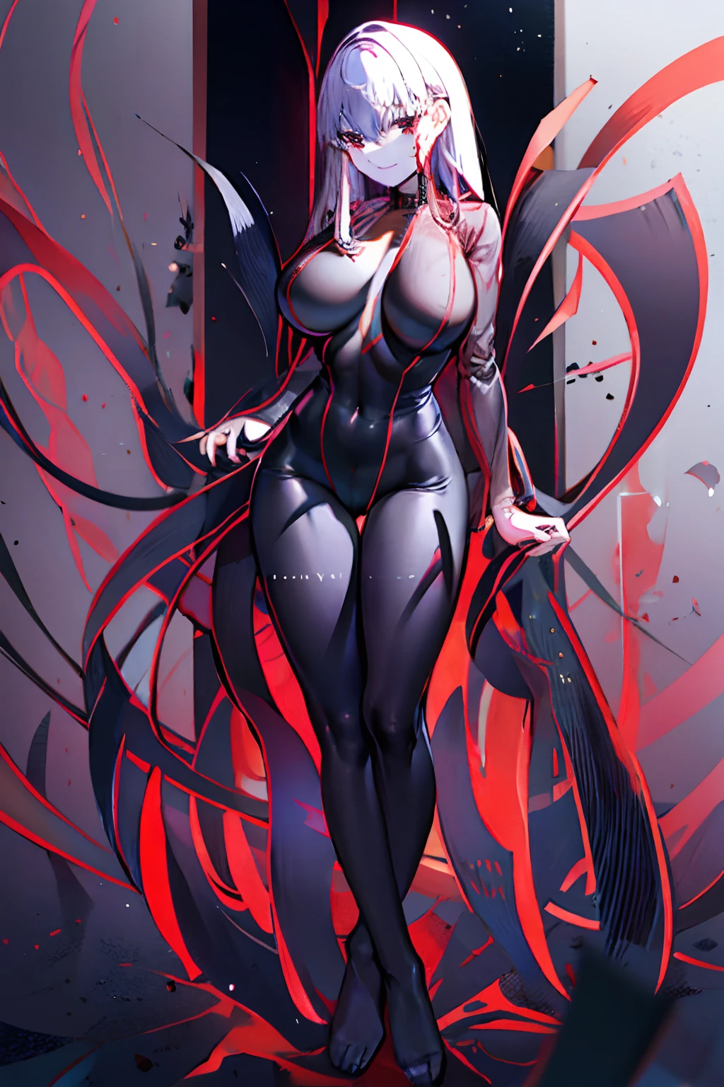 Black full body suit Red lines all over the body huge tit Big ass Whip thighs seductiv a smile Bare legged succubus
