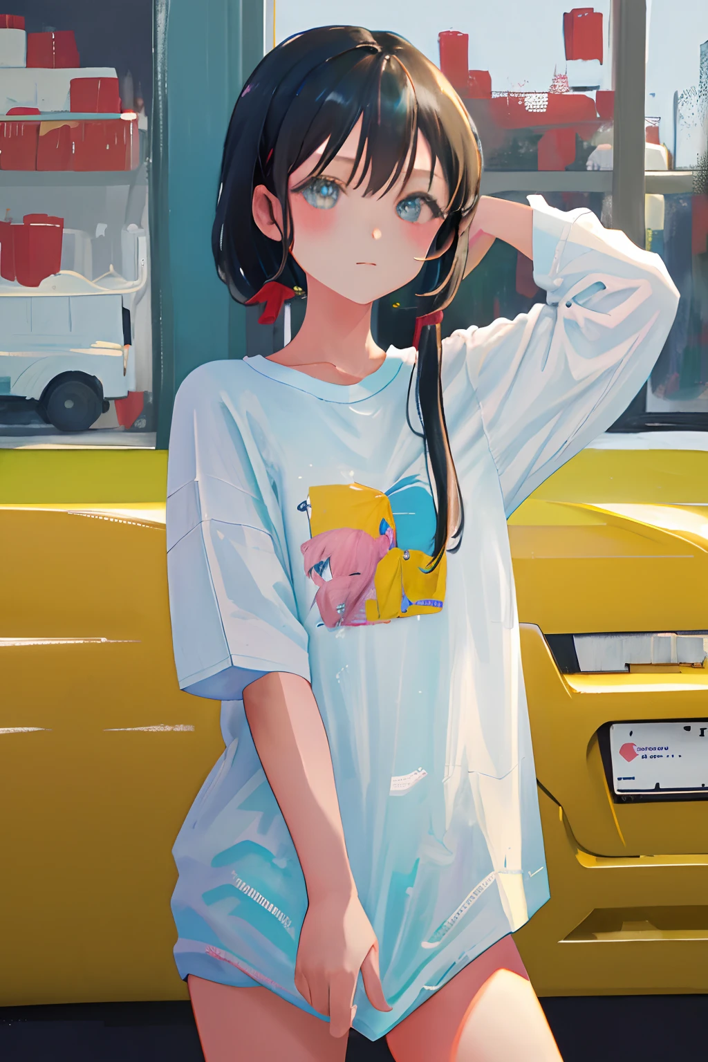 best quality, masterpiece, cutepainting, girl, short hair, shirt, shorts, shoes, grace sitting, upper body, see the shoes, simple background