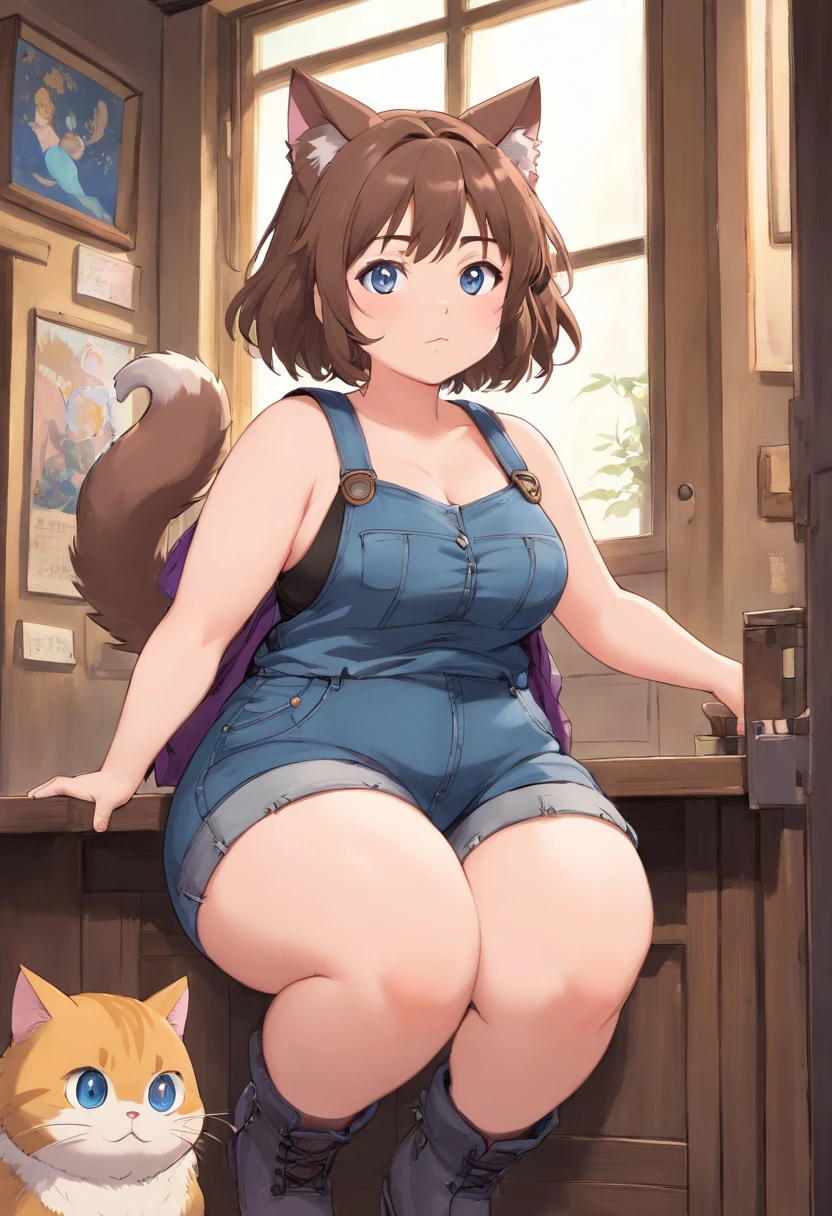 chubby, woman, thick waist, large chest, brown hair, short messy hair, gray cat ears on head, blue eyes, gray jeans, long purple vest , black combat boots, fat, larger body, chubby face, face with blush, cleavage visable, boob window