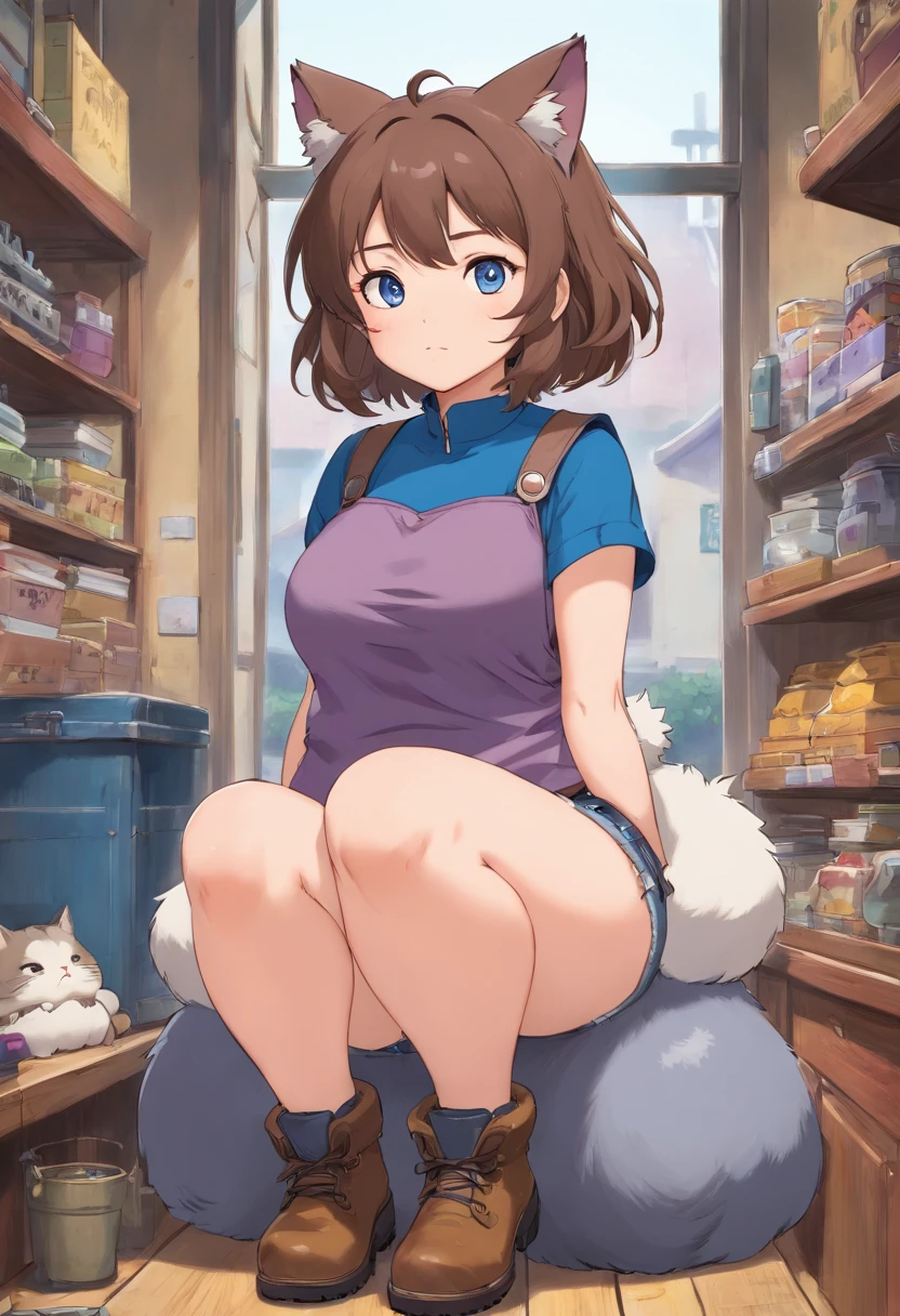 chubby, woman, thick waist, large chest, brown hair, short messy hair, gray cat ears on head, blue eyes, gray jeans, long purple vest , black combat boots, fat, larger body, chubby face, face with blush, cleavage visable, boob window