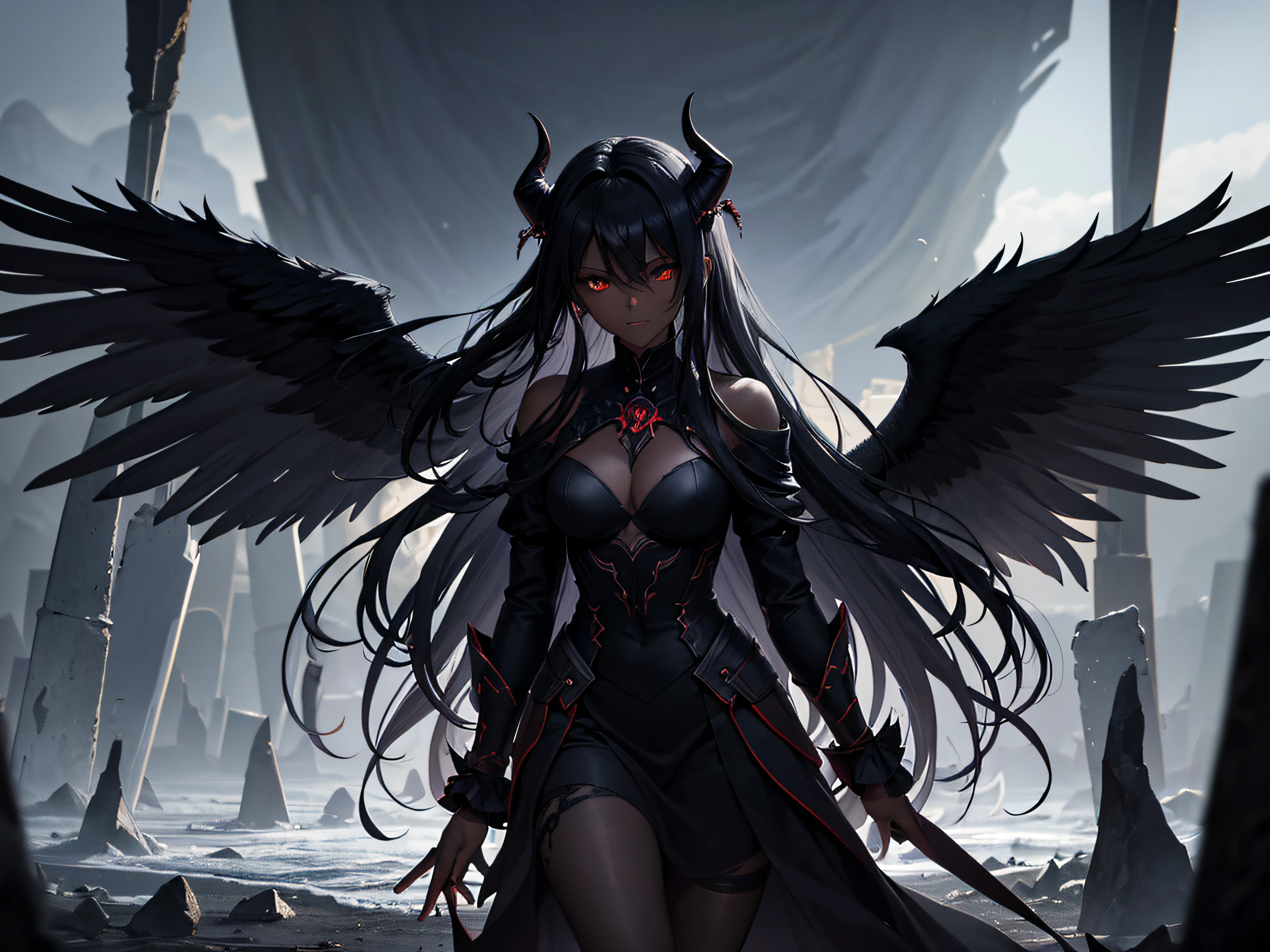 (dark skin), (demon horns), large breasts, Immortal temptation takes over my mind Condemned Fallen weak on my knees, summon the strength Of mayhem I am the storm that is approaching Provoking black clouds in isolation I am reclaimer of my name Born in flames, I have been blessed My family crest is a demon of death Forsakened, I am awakened A phoenix's ash in dark divine Descending misery Destiny chasing time Inherit the nightmare, surrounded by fate Can't run away Keep walking the line between the light Led astray Through vacant halls I won't surrend5r The truth rev5aled in eyes of ember We fight through fire and ice forever Two souls once lost, and now they remember I am the storm that is approaching Provoking black clouds and isolation I am reclaimer of my name Born in flames, I have been blessed My family crest is a demon of death Forsakened, I am awakened A phoenix's ash in dark divine Descending misery Destiny chasing time Disappear into the night Lost shadows left behind Obsession's pulling me Fading, I've come to take what's mine Lurking in the shadows under veil of night Constellations of blood pirouette Dancing through the graves of those who stand at my feet Dreams of the black throne I keep on repeat A derelict of darkness, summoned from the ashes The puppetmaster congregates all the masses Pulling strings, twisting minds as blades hit You want this power? Then come try and take it Beyond the tree Fire burns Secret love Bloodline yearns Dark minds embrace Crimson joy Does your dim heart Heal or destroy? Bury the light deep within Cast aside, there's no coming home We're burning chaos in the wind Drifting in the ocean all alone