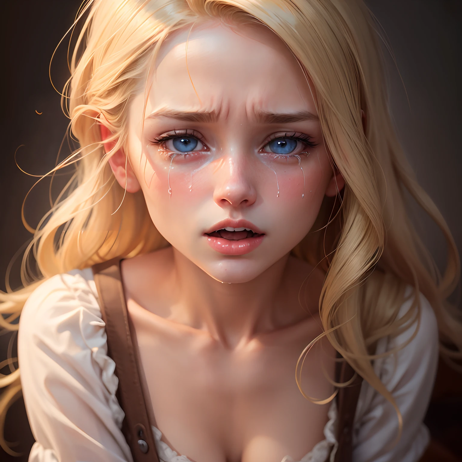 A beautiful western 20 years woman, blonde hair who is being fucked by a man, mouth open while crying, face at the roof,  and tears, crying, realistic, innocent face, cutie patootie. perfect eyes, perfect lips, perfect nose, professional color graded, ,, crying loudly, tears from eyes, red nose, Anna Dittmann, realism