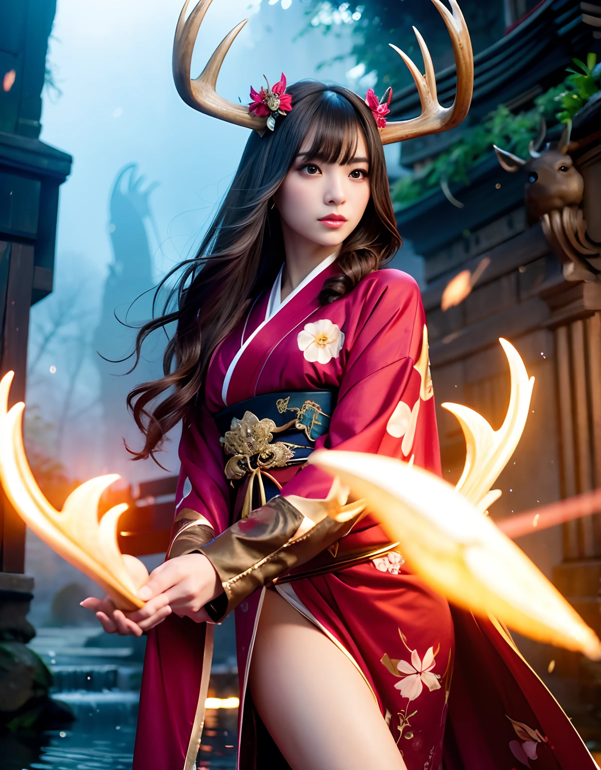 ((World of Darkness)),Professional , ​masterpiece、top-quality、photos realistic , depth of fields 、（Maiko's hairstyle）、(Maple background in full bloom),（Ultimate Beauty）、Red-haired、（Fight ninjas)、（Kimono with beautiful pattern）、（Night background）、（（a dark night））,(Wear a beautiful kimono),（Wear a beautiful kimono with colorful floral patterns）、Jewel Gold Weapon、Particles of light),（Castle background）、Gorgeous gold weapons ,（（ Gorgeous weapon Dragon Sword）） , （a dark night）,,（maikurobikini） 、（（Black Haired Beautiful Girl））、（Castle background）、（demonic wings）、（（Gangle's forest background））、Beautiful Caucasian beauty、１a person、dynamic ungle,(((Two deer antlers on the head)))、Smaller head、Idle Smile、Thin and beautiful female hands、Mystical expression、Light Effects、intense fighting、Wind-effect、magic circles、With the legendary magic wand、Dragon's tail、Anatomically correct body、