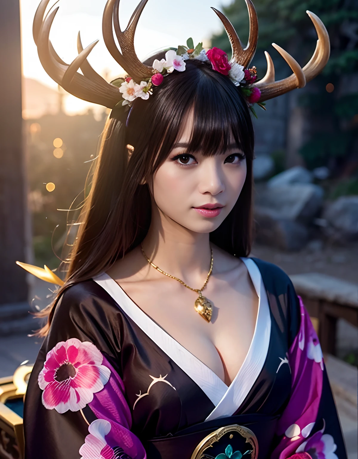 ((World of Darkness)),Professional , ​masterpiece、top-quality、photos realistic , depth of fields 、（Maiko's hairstyle）、(Maple background in full bloom),（Ultimate Beauty）、Red-haired、（Fight ninjas)、（Kimono with beautiful pattern）、（Night background）、（（a dark night））,(Wear a beautiful kimono),（Wear a beautiful kimono with colorful floral patterns）、Jewel Gold Weapon、Particles of light),（Castle background）、Gorgeous gold weapons ,（（ Gorgeous weapon Dragon Sword）） , （a dark night）,,（maikurobikini） 、（（Black Haired Beautiful Girl））、（Castle background）、（demonic wings）、（（Gangle's forest background））、Beautiful Caucasian beauty、１a person、dynamic ungle,(((Two deer antlers on the head)))、Smaller head、Idle Smile、Thin and beautiful female hands、Mystical expression、Light Effects、intense fighting、Wind-effect、magic circles、With the legendary magic wand、Dragon's tail、Anatomically correct body、