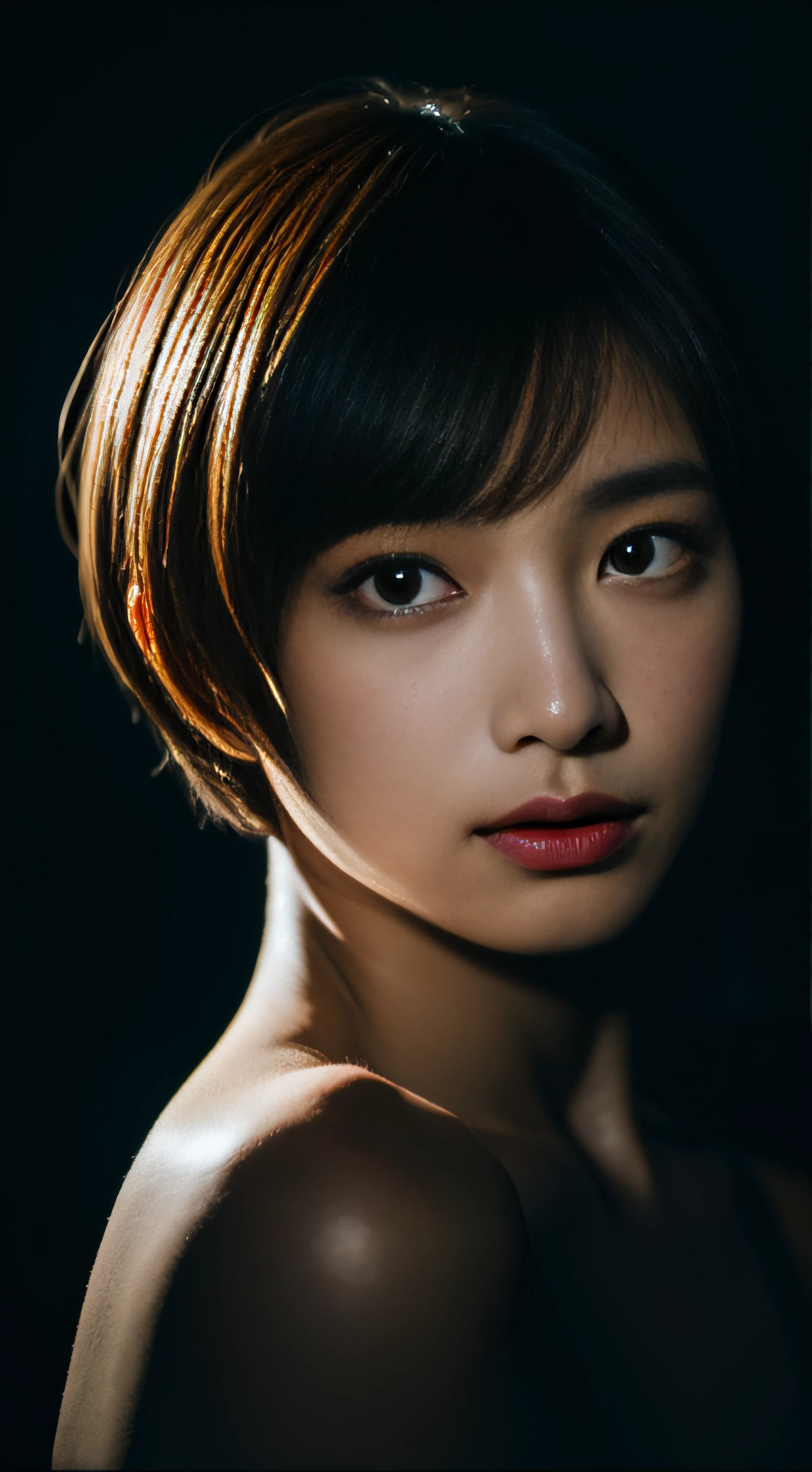 Best quality, masterpiece, ultra high res, (photorealistic:1.5), raw photo, 1girl, offshoulder, in the dark, deep shadow, low key, cold light, sexy look, short hair