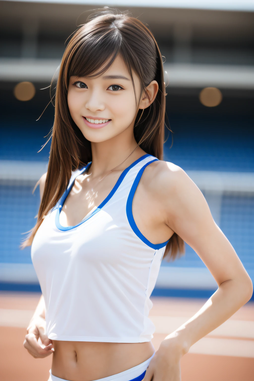 ((The body is facing the viewer)), Highest quality, 8K, 15-year-old student, 10 generations, RAW Photos, 、, , smile, , alone, , , Gardenia, Delicate girl, Upper Body, Digital single-lens reflex camera, Looking at the audience, Frank, Sophisticated, , Thin arms, Professional Lighting, Film Grain, chromatic aberration, (Eye and facial details:1.0), (Bokeh:1.1), (Lower your arms to your sides:1.2) , Does not emphasize the bust top, Sportswear_good,