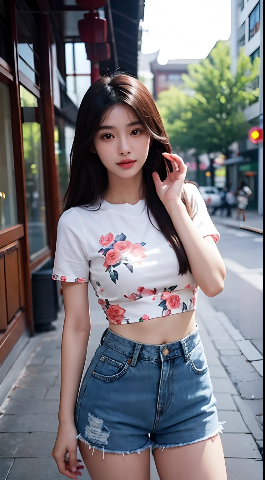 arafed asian woman in a floral top and denim shorts posing for a picture, beautiful asian girl, young asian girl, korean girl, asian girl, 2 4 year old female model, cute young woman, young and cute girl, chinese girl, beautiful girl model, cute young girl, dressed in a top and shorts, beautiful model girl, gorgeous young korean woman