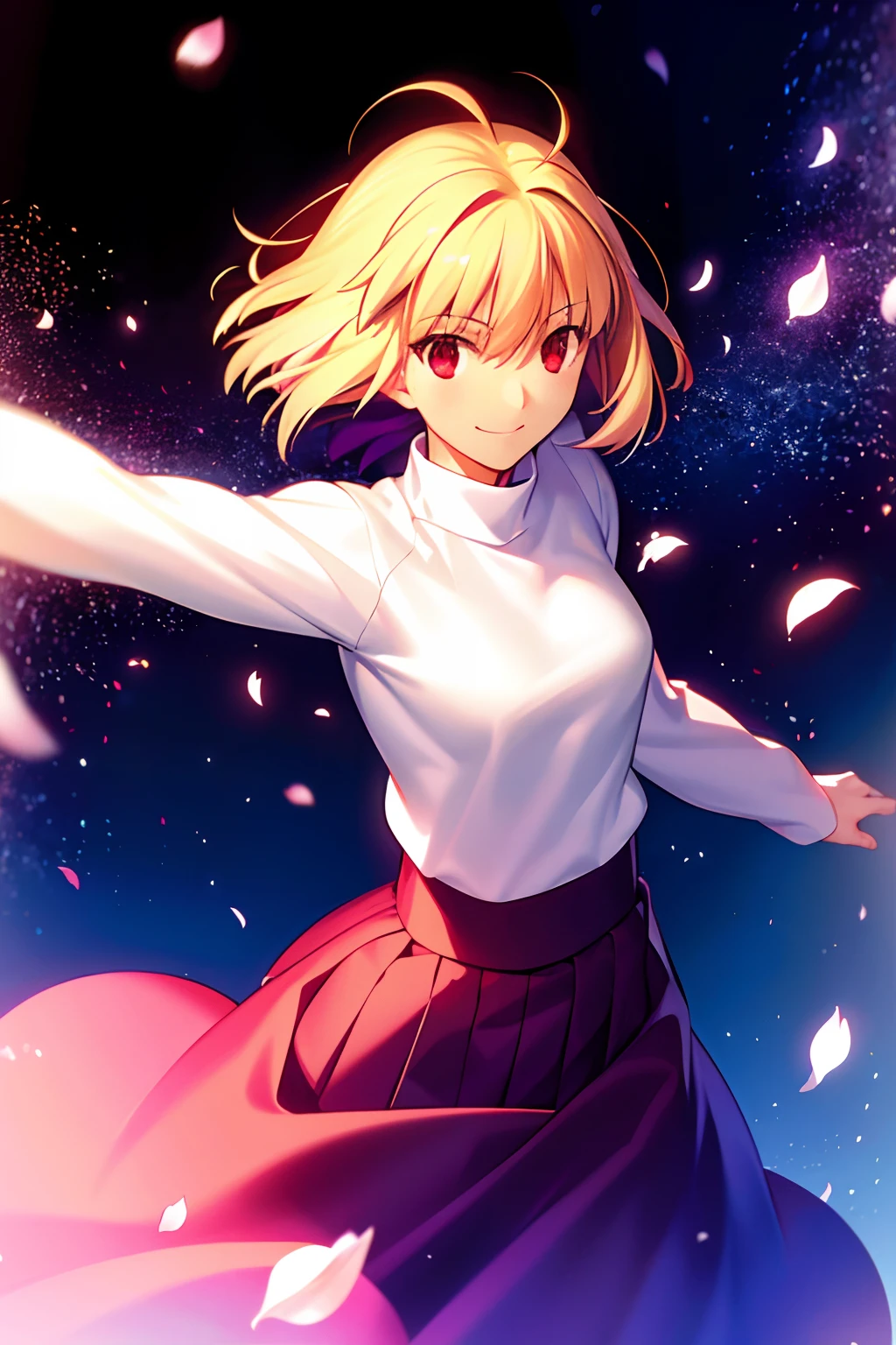 takeuchi takashi,

tsukihime,
arcueid brunestud,

1girl, ahoge, blonde hair, long skirt, petals, purple skirt, rainbow, red eyes, short hair, skirt, smile, solo, sweater, turtleneck

, ((masterpiece))