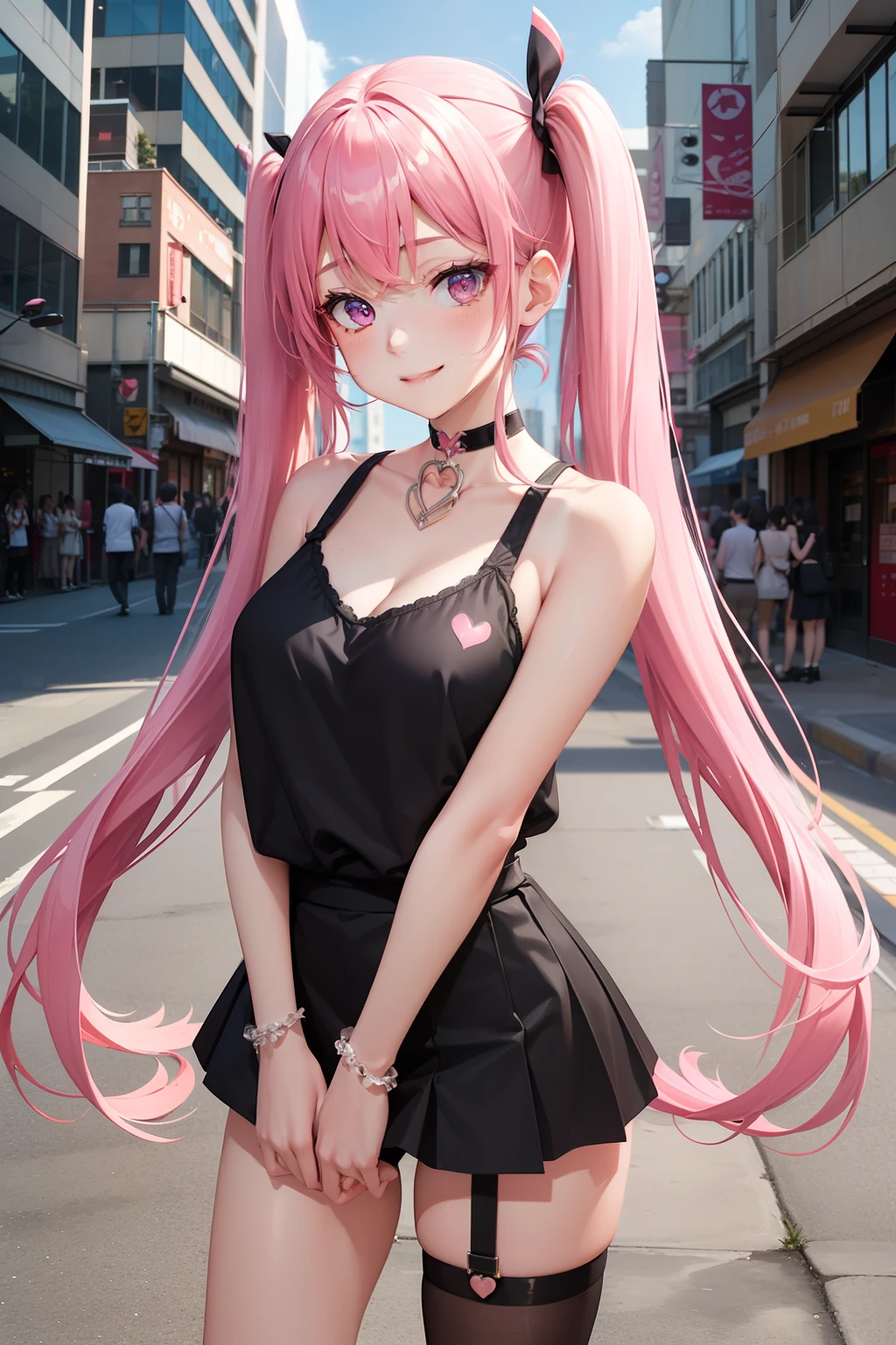 full body Esbian, masutepiece: 1.2, Highest Quality), (Live-action, elaborate details), (1 Lady, Solo, Upper body,) Clothing: Edgy, Black long jumper, pink miniskirt, long hair with pink twin tails,,,,,,,,,,,,、Avant-garde, Experimental appearance: Long pink twin tail hair 、Heart-shaped choker、The location: bustling city、Solo, Nice smile、Value Creation in Mixed Media Art: individuality, authenticity, Creative expression