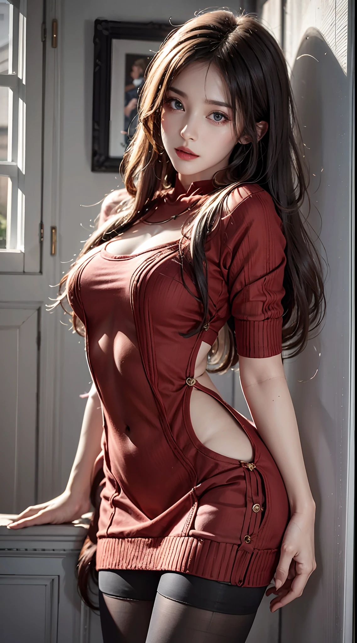 photorealistic, masterpiece, photorealistic, high resolution, soft light, hips up, sweater dress, black pantyhose