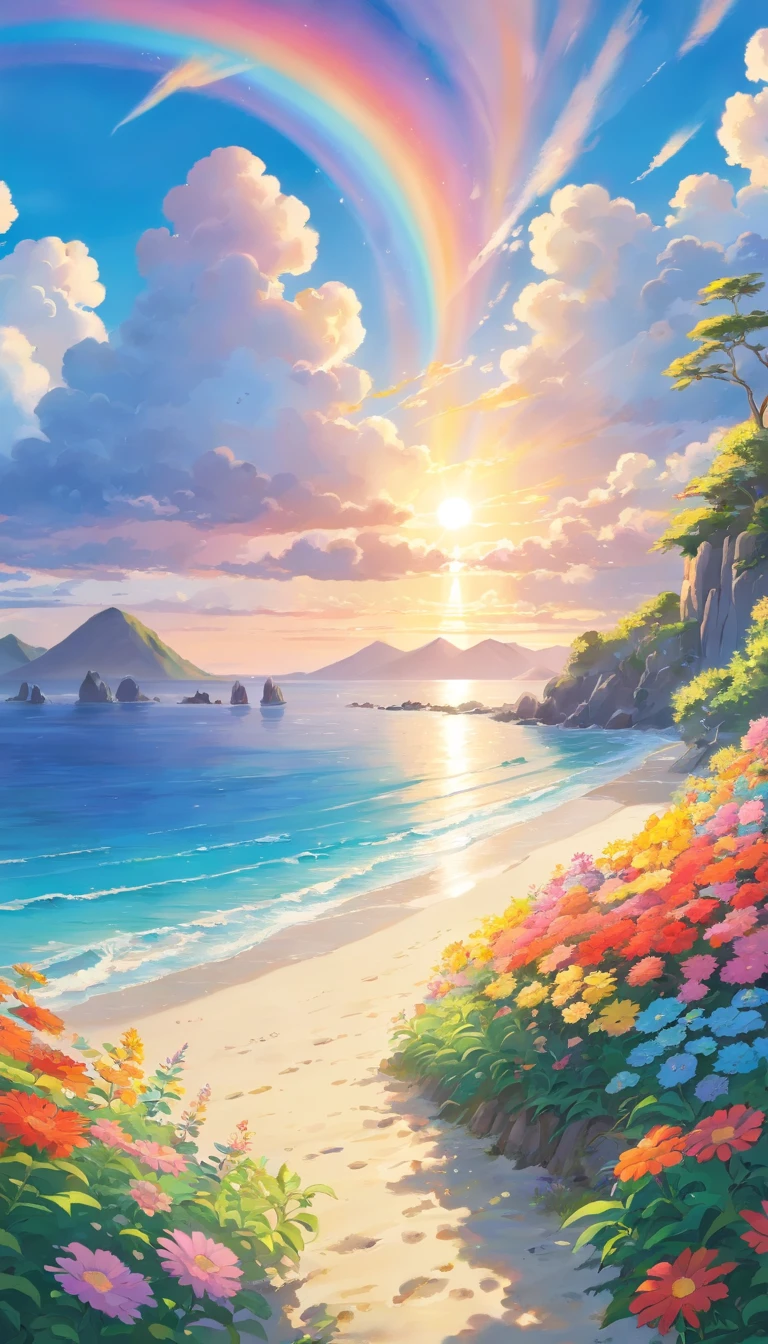 Mare,Colorful flowers on the shore,Islands in the distance,Colorful clouds,and the sun was shining brightly,tmasterpiece
