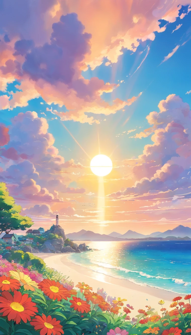 Mare,Colorful flowers on the shore,Islands in the distance,Colorful clouds,and the sun was shining brightly,tmasterpiece